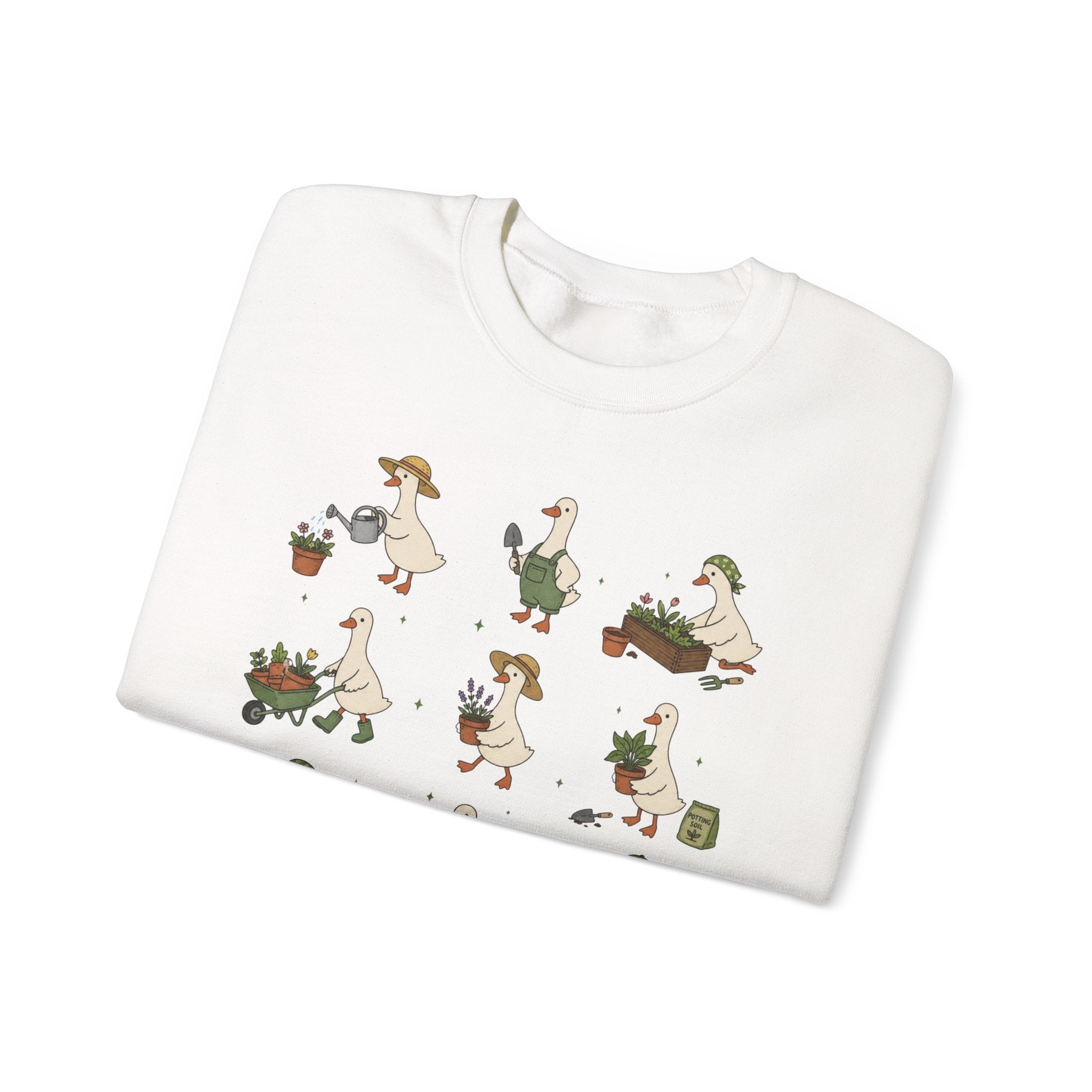 Gardening Geese Crewneck Sweatshirt — Cute Plant-Loving Duck Illustration