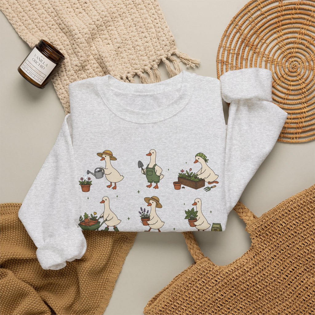 Gardening Geese Crewneck Sweatshirt — Cute Plant-Loving Duck Illustration