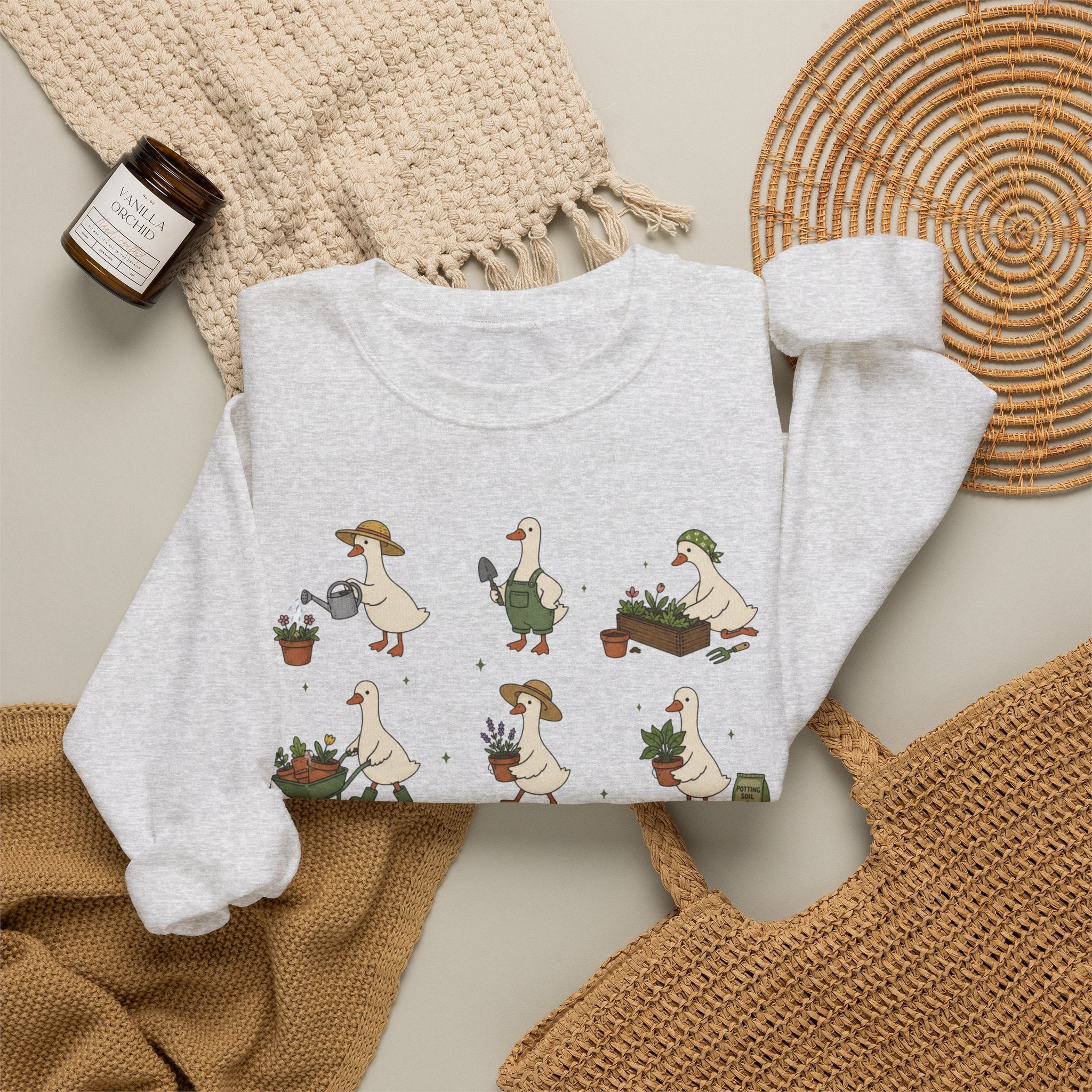Gardening Geese Crewneck Sweatshirt — Cute Plant-Loving Duck Illustration