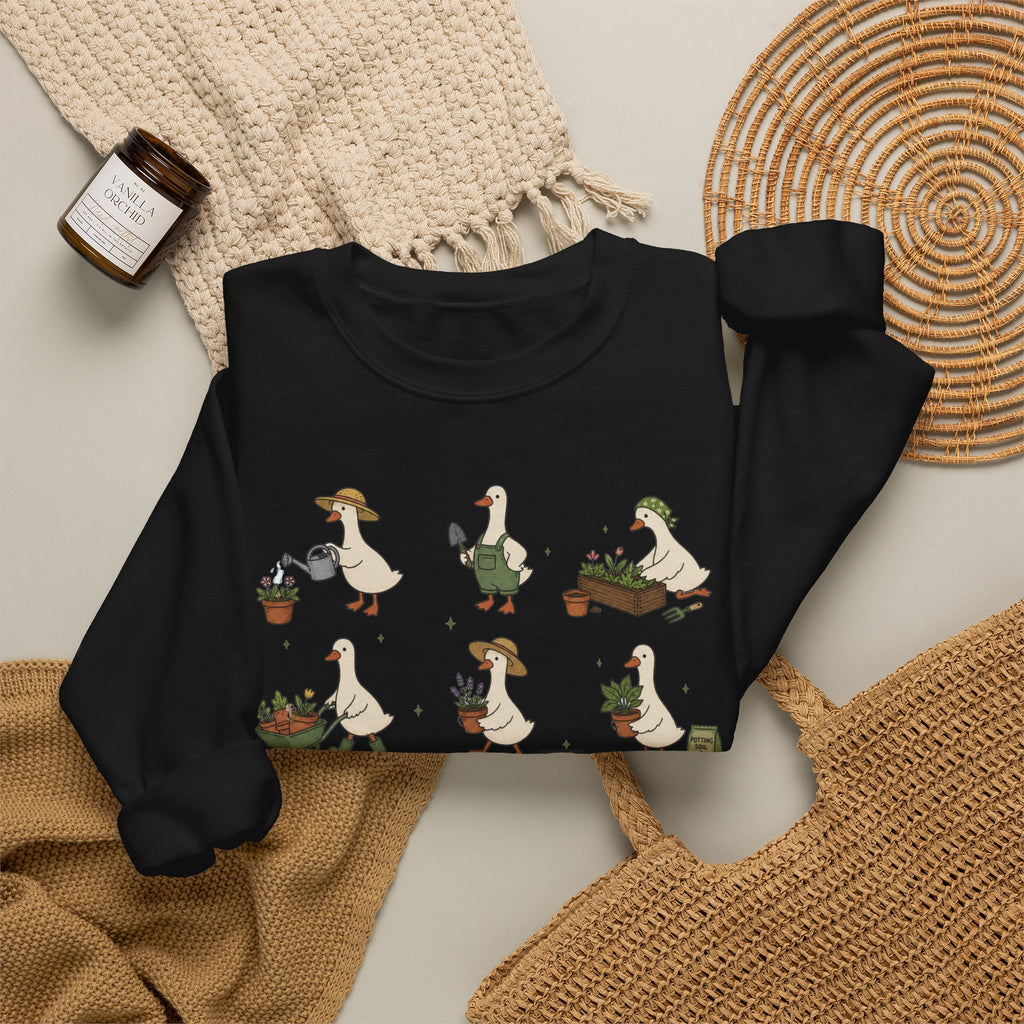 Gardening Geese Crewneck Sweatshirt — Cute Plant-Loving Duck Illustration