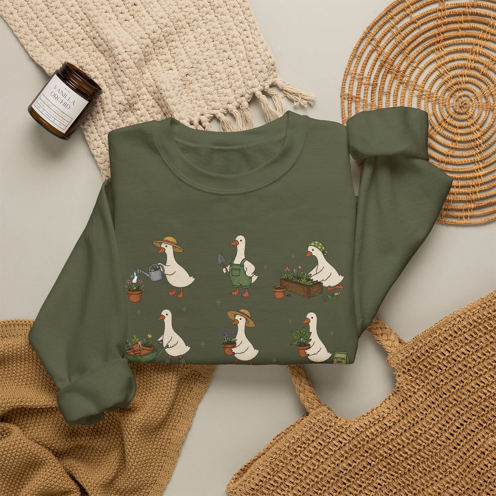 Gardening Geese Crewneck Sweatshirt — Cute Plant-Loving Duck Illustration