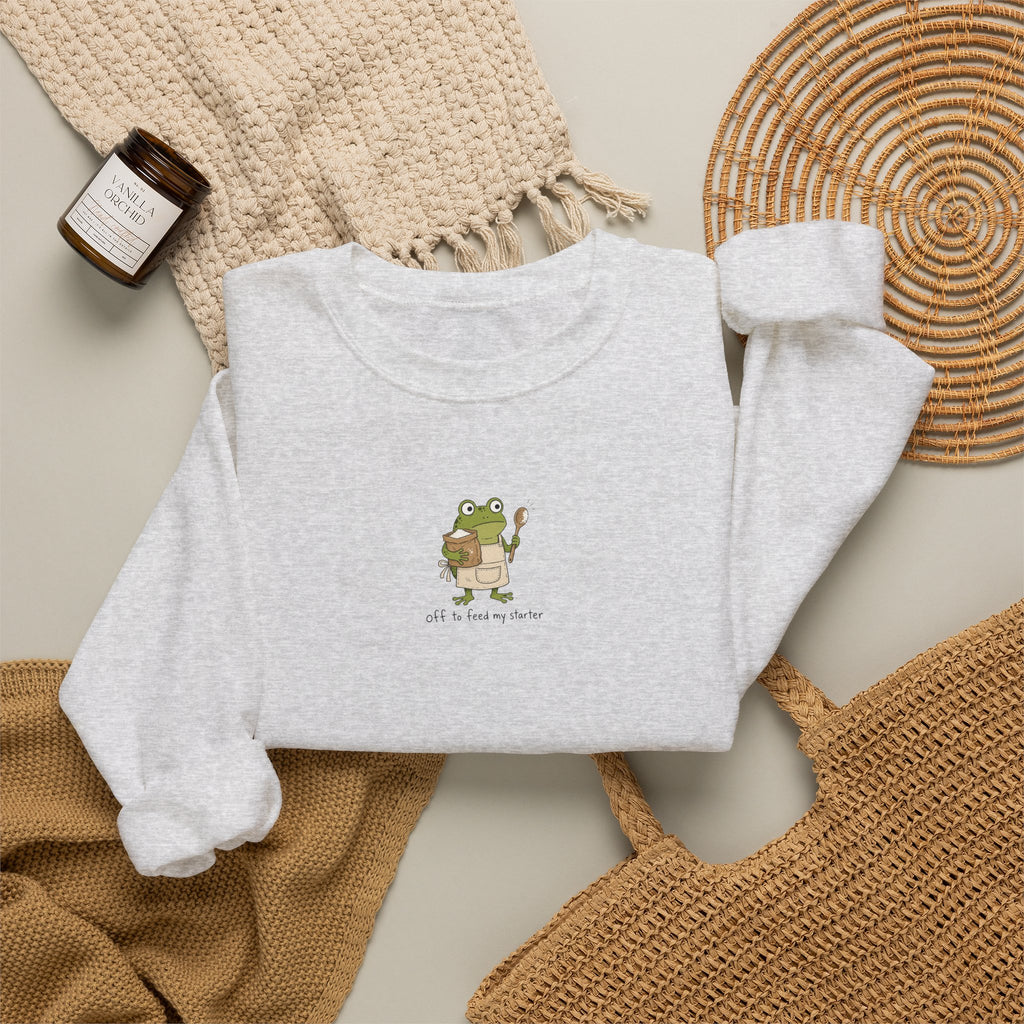 Cute Frog Holding Coffee Crewneck Sweatshirt — 'But First Coffee' Graphic