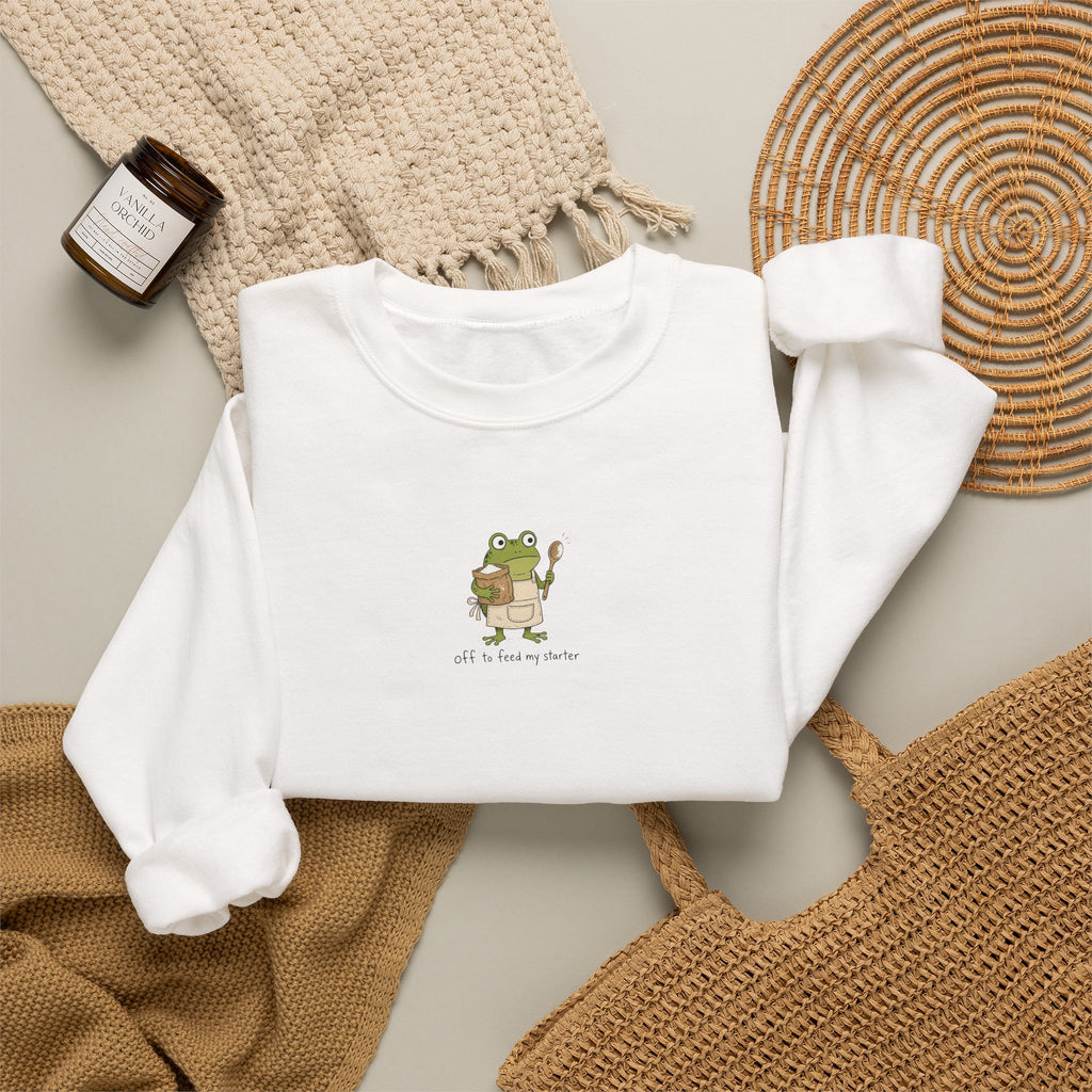 Cute Frog Holding Coffee Crewneck Sweatshirt — 'But First Coffee' Graphic
