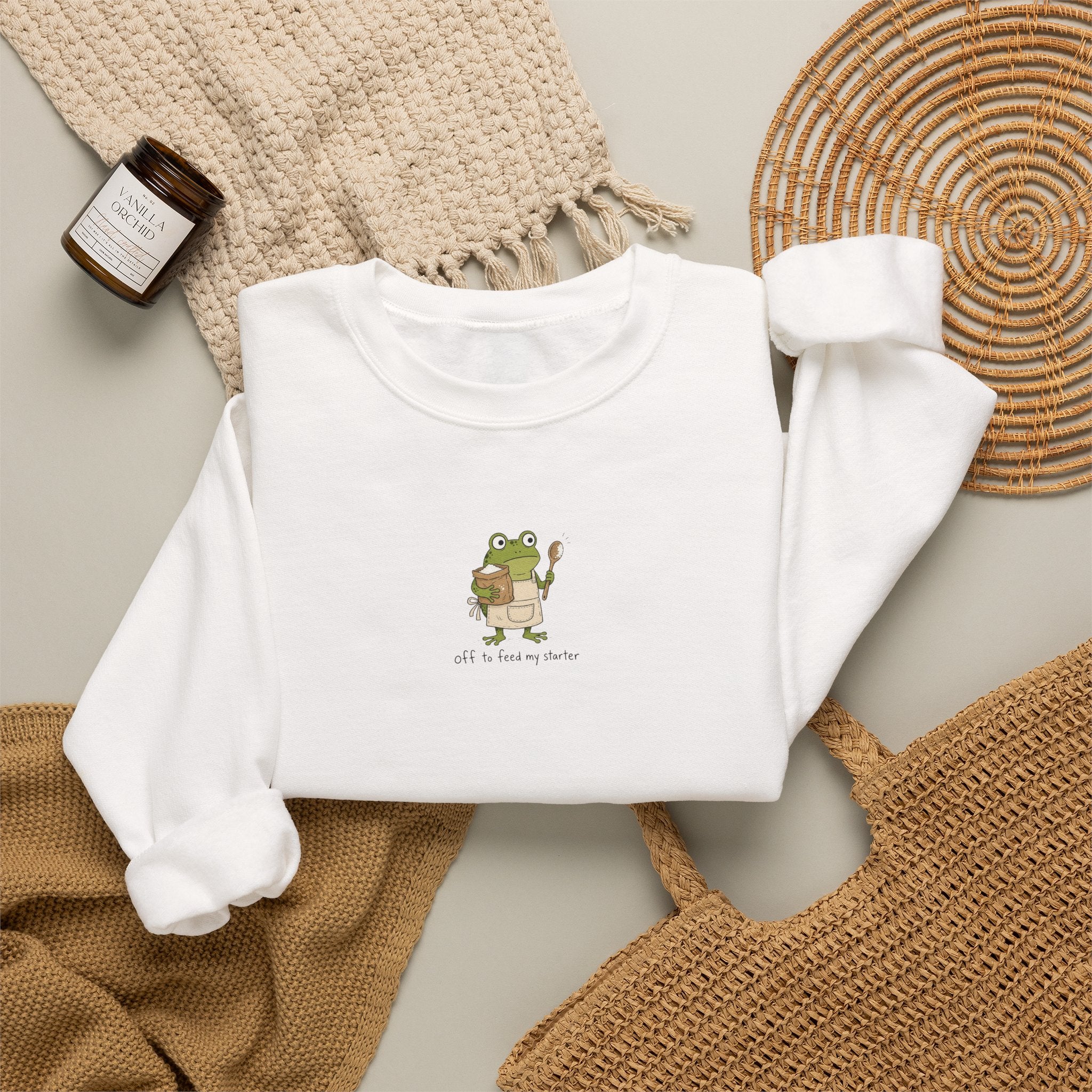 Cute Frog Holding Coffee Crewneck Sweatshirt — 'But First Coffee' Graphic