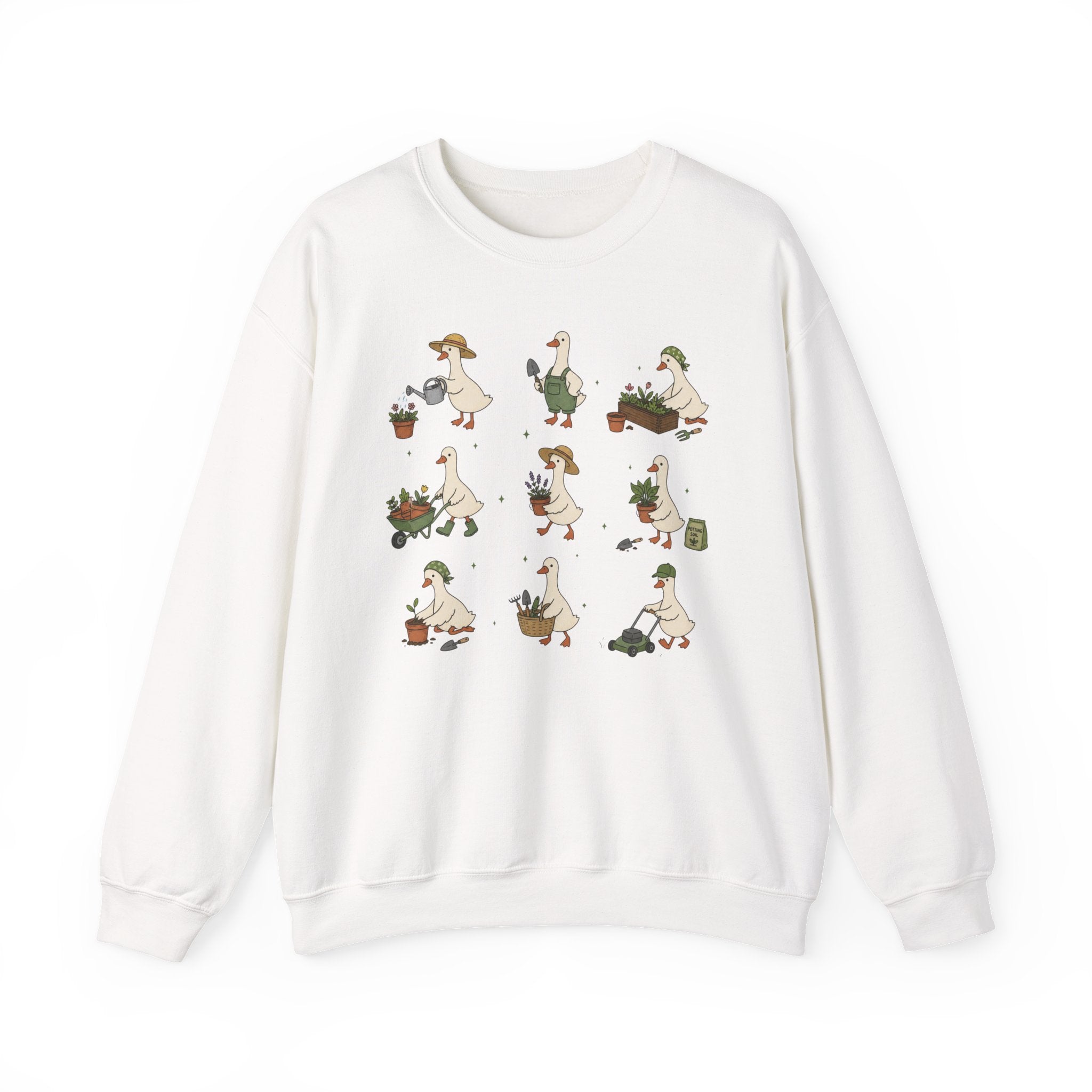 Gardening Geese Crewneck Sweatshirt — Cute Plant-Loving Duck Illustration