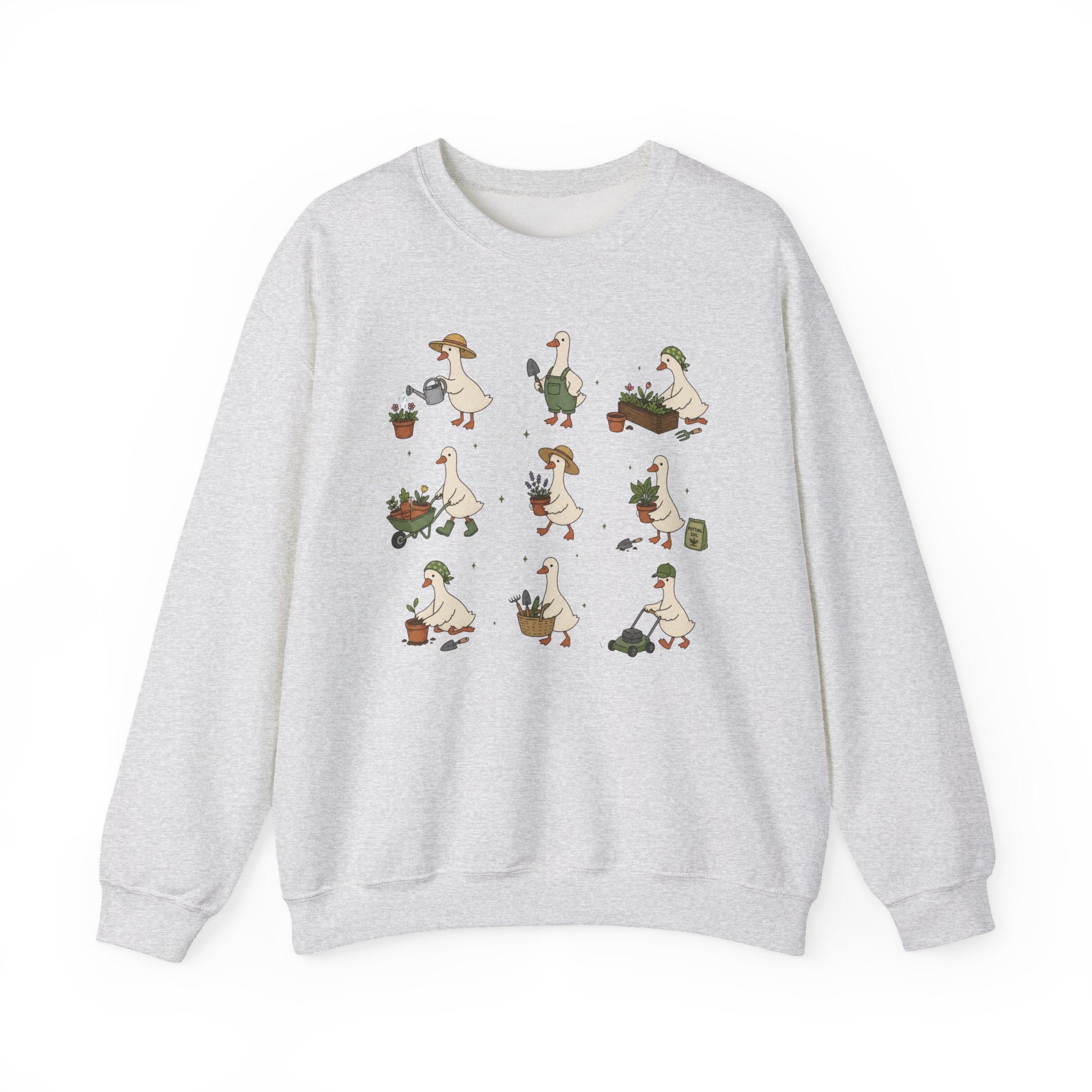 Gardening Geese Crewneck Sweatshirt — Cute Plant-Loving Duck Illustration