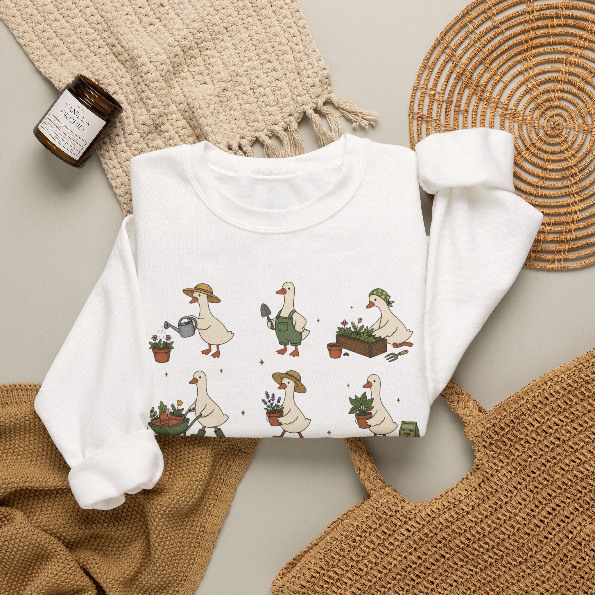 Gardening Geese Crewneck Sweatshirt — Cute Plant-Loving Duck Illustration