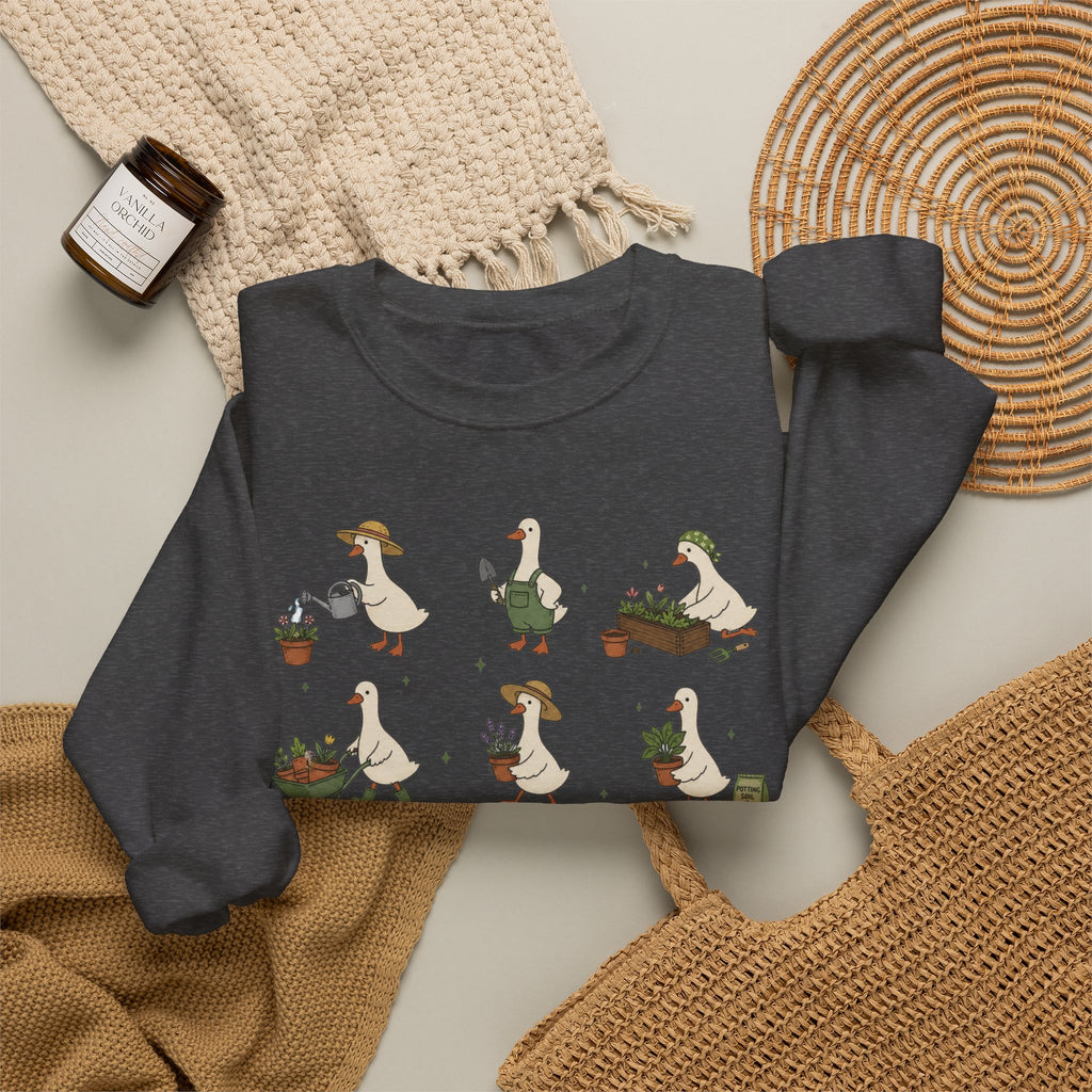 Gardening Geese Crewneck Sweatshirt — Cute Plant-Loving Duck Illustration