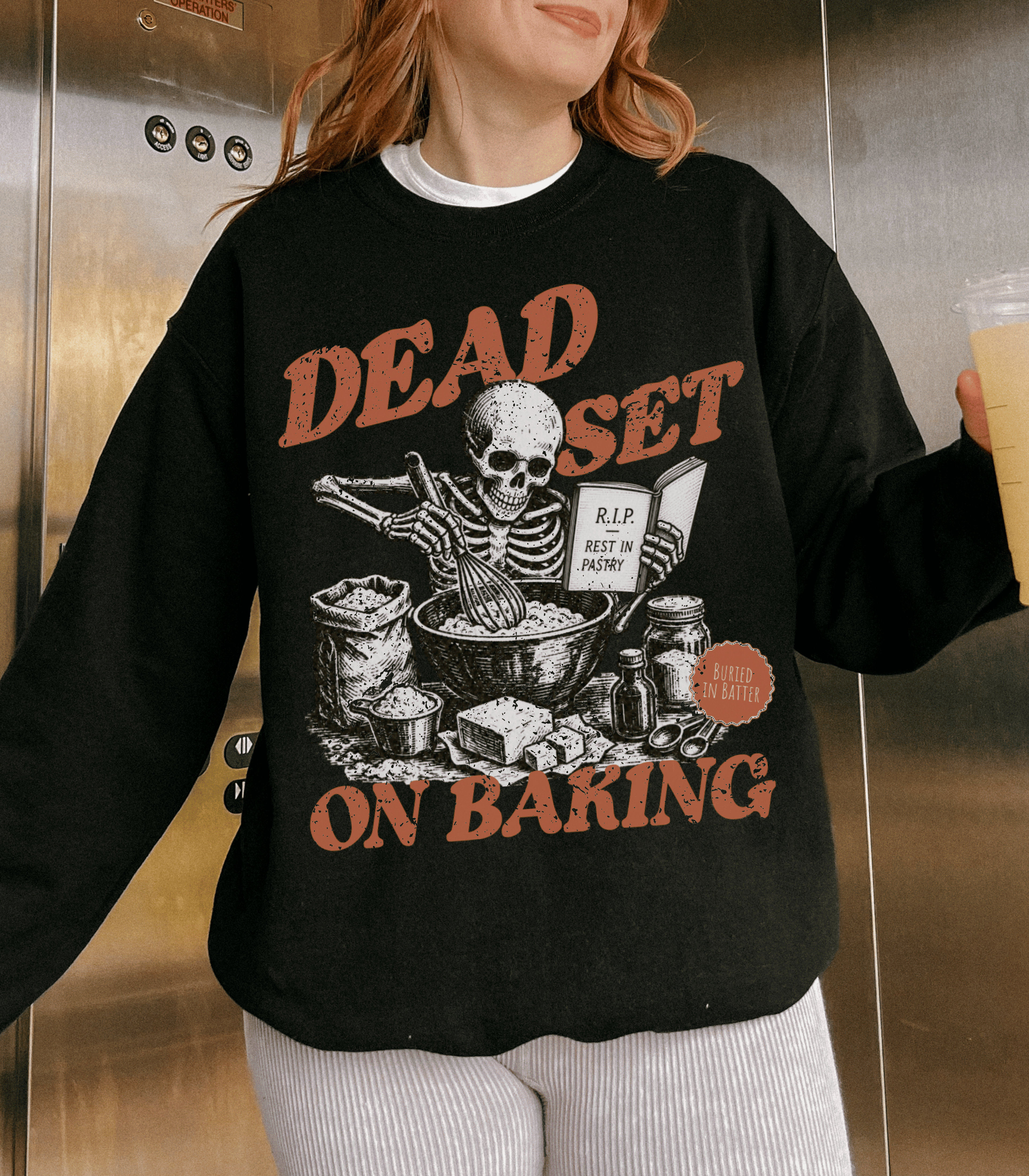 Dead Set on Baking Sweatshirt — Skeleton Baker Graphic Crewneck