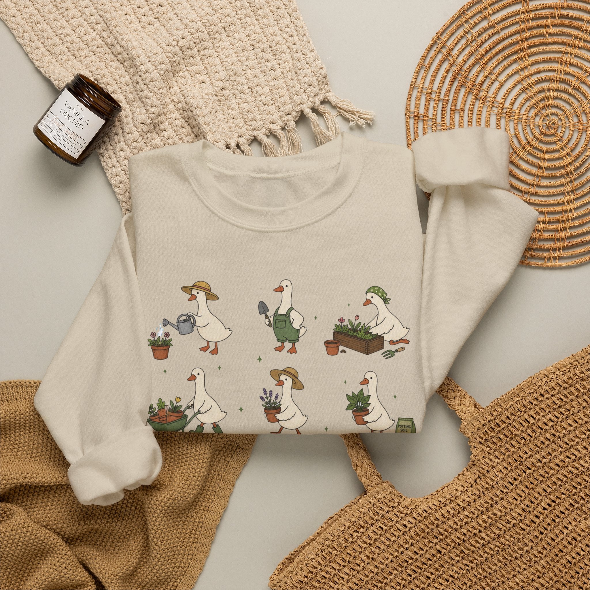 Gardening Geese Crewneck Sweatshirt — Cute Plant-Loving Duck Illustration