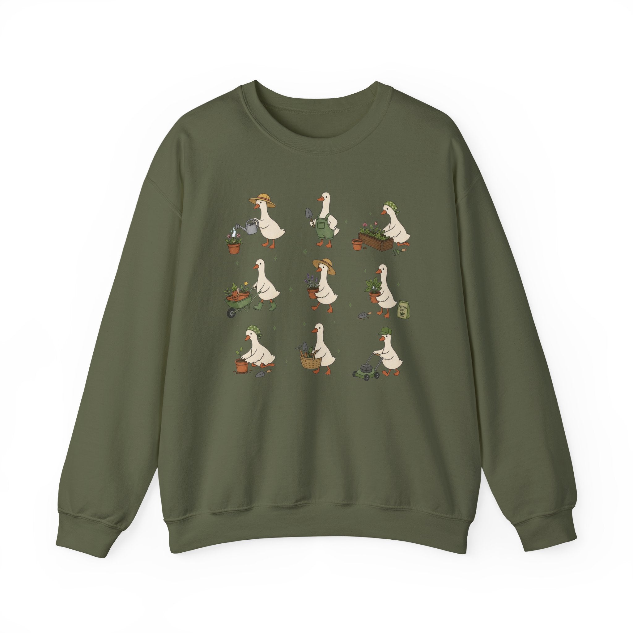 Gardening Geese Crewneck Sweatshirt — Cute Plant-Loving Duck Illustration
