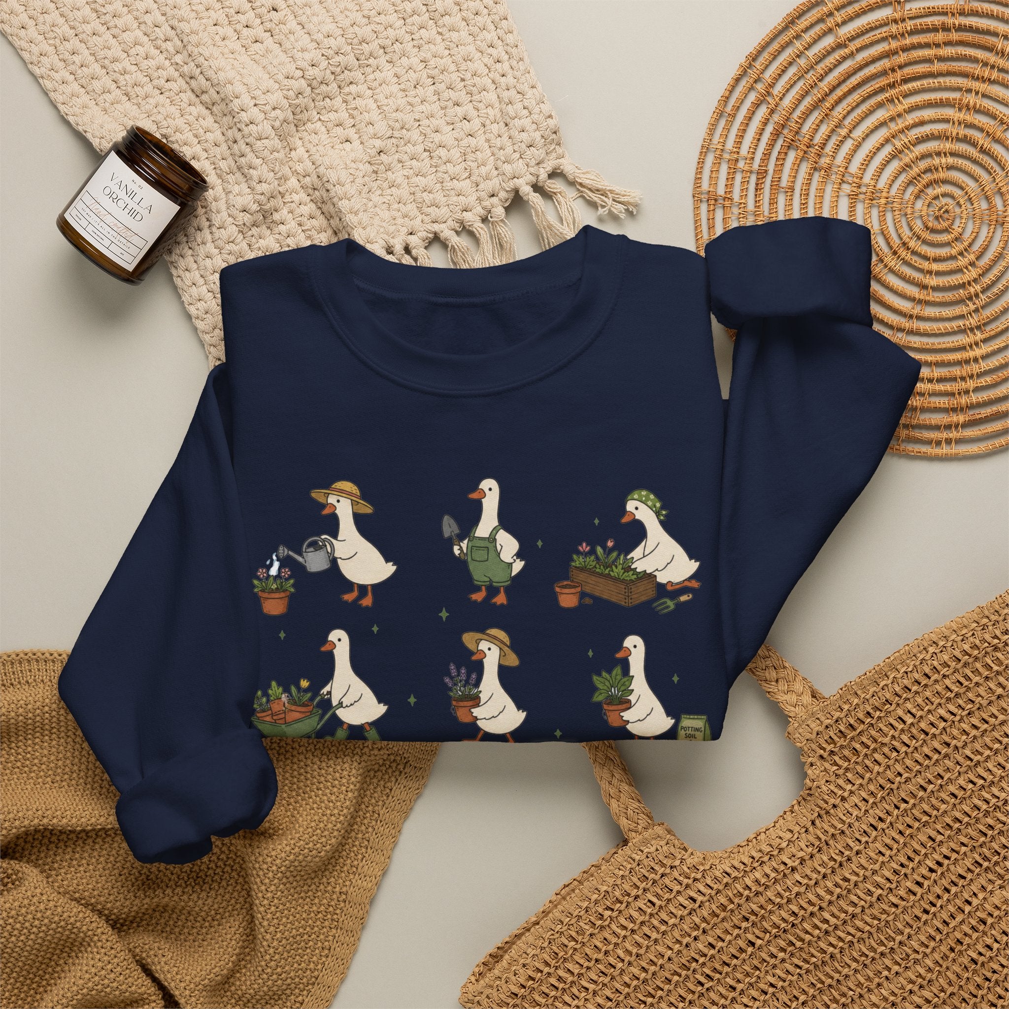 Gardening Geese Crewneck Sweatshirt — Cute Plant-Loving Duck Illustration