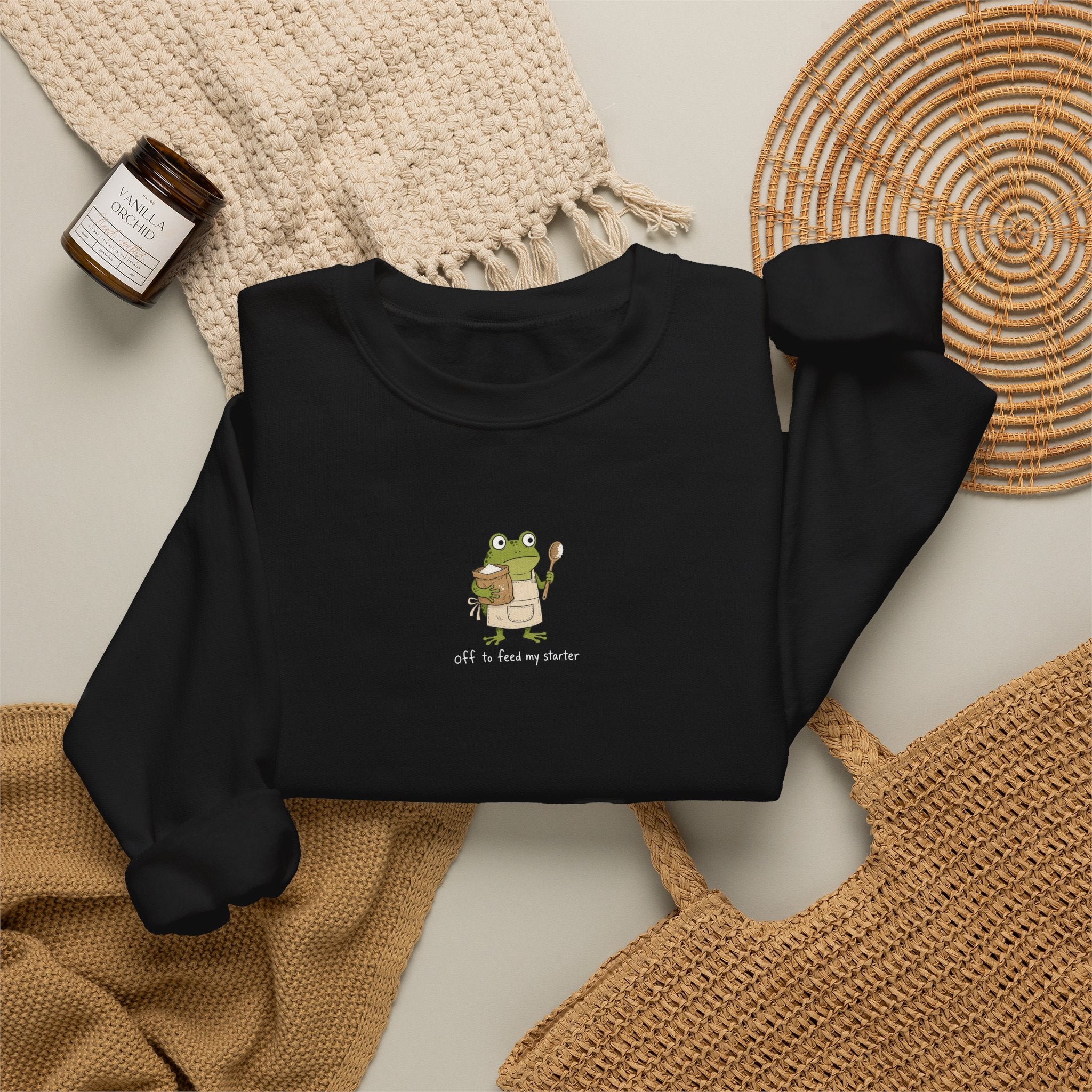 Cute Frog Holding Coffee Crewneck Sweatshirt — 'But First Coffee' Graphic