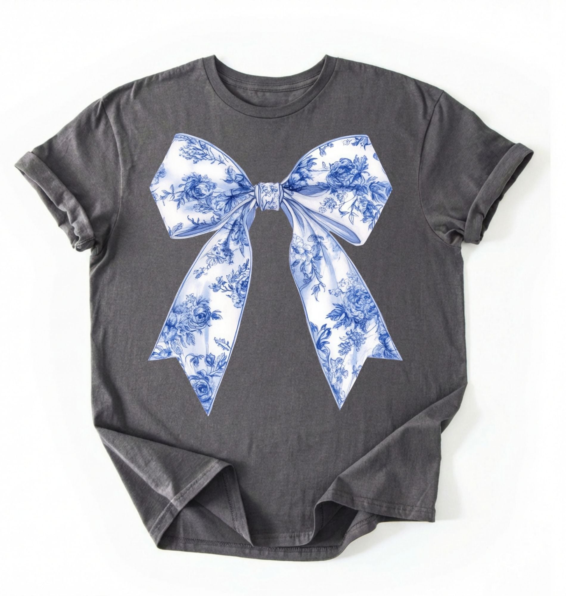 Pepper t-shirt with a white and blue floral bow graphic in a coquette cottagecore aesthetic, perfect as a stylish gift