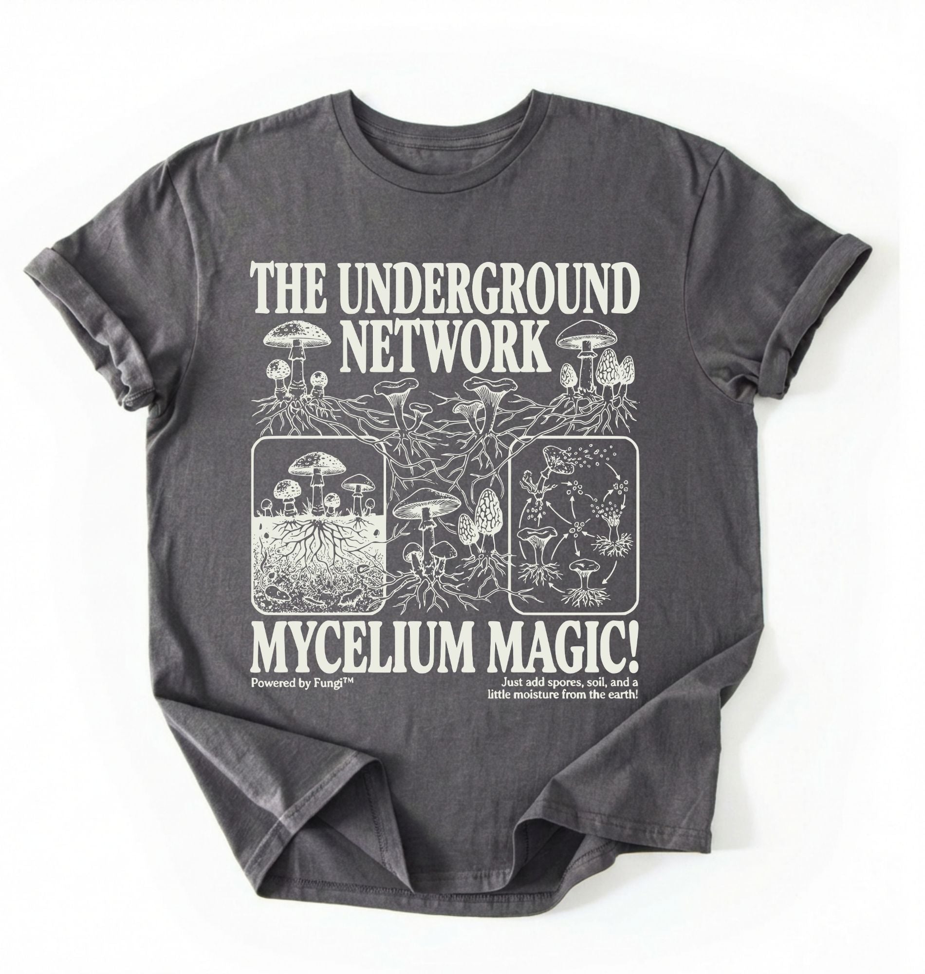 Flat lay of a Charcoal t-shirt featuring Mycelium network mushroom and root network illustrations with text reading “The Underground Network Mycelium Magic” with forest fungi design perfect gift for mushroom lovers nature fans and cottagecore style on a white background 
