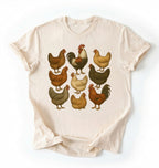 flat lay of a natural ivory Vintage chicken breeds illustration shirt featuring colorful hens and roosters, perfect gift for chicken lovers and gardeners on a white background