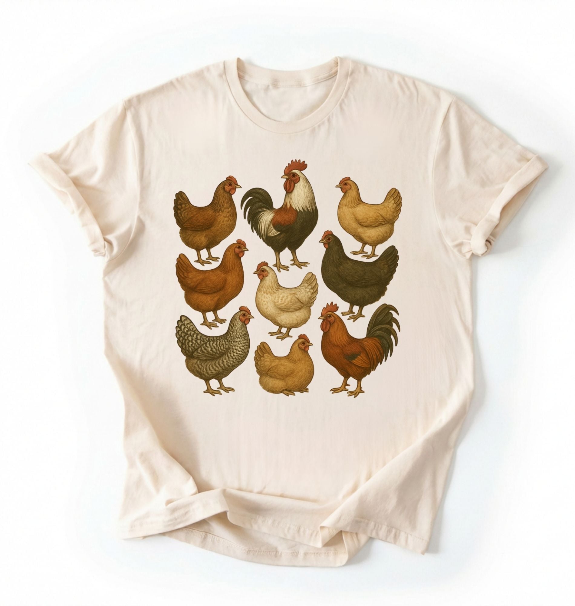 flat lay of a natural ivory Vintage chicken breeds illustration shirt featuring colorful hens and roosters, perfect gift for chicken lovers and gardeners on a white background