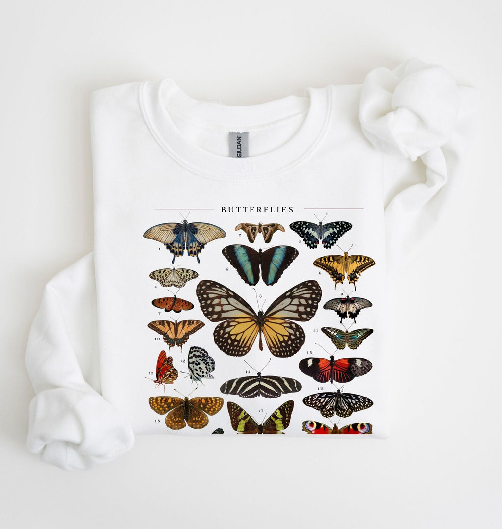 vintage butterfly chart sweatshirt with detailed butterfly illustrations on soft white fabric