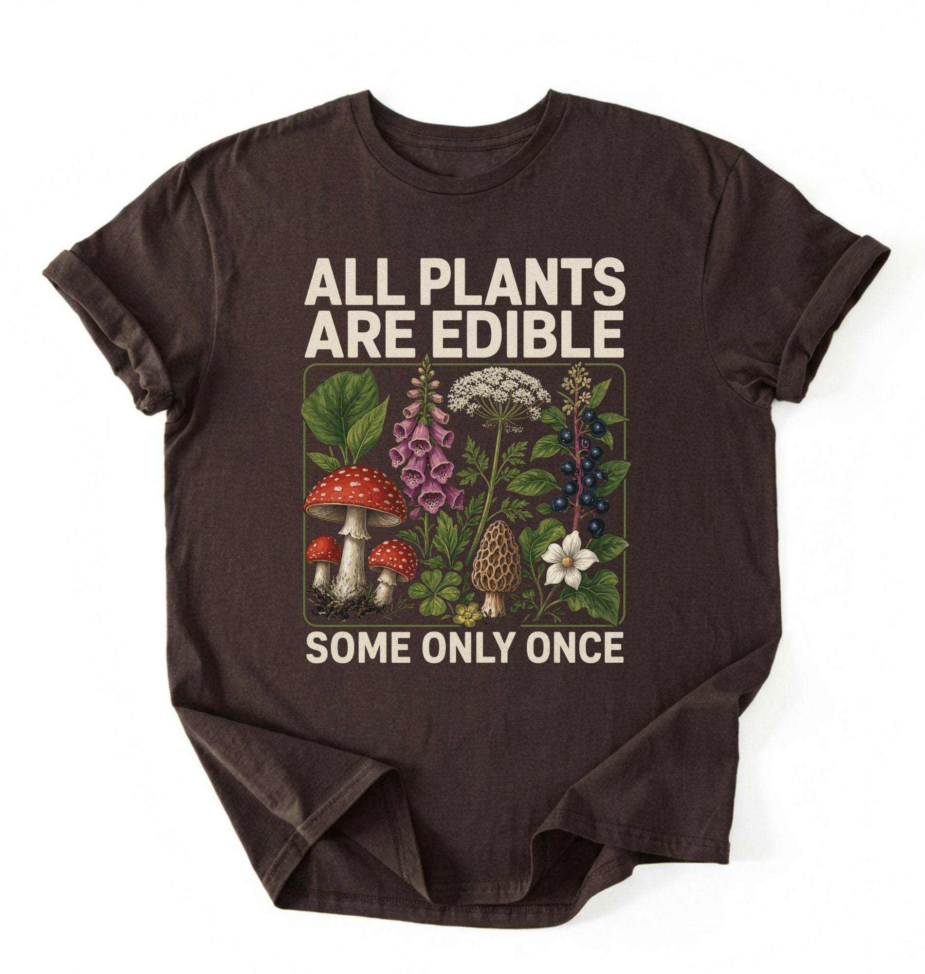 Flat lay of a dark chocolate all plants are edible shirt black funny gardening t shirt plant lover gift botanical humor design on a white background 