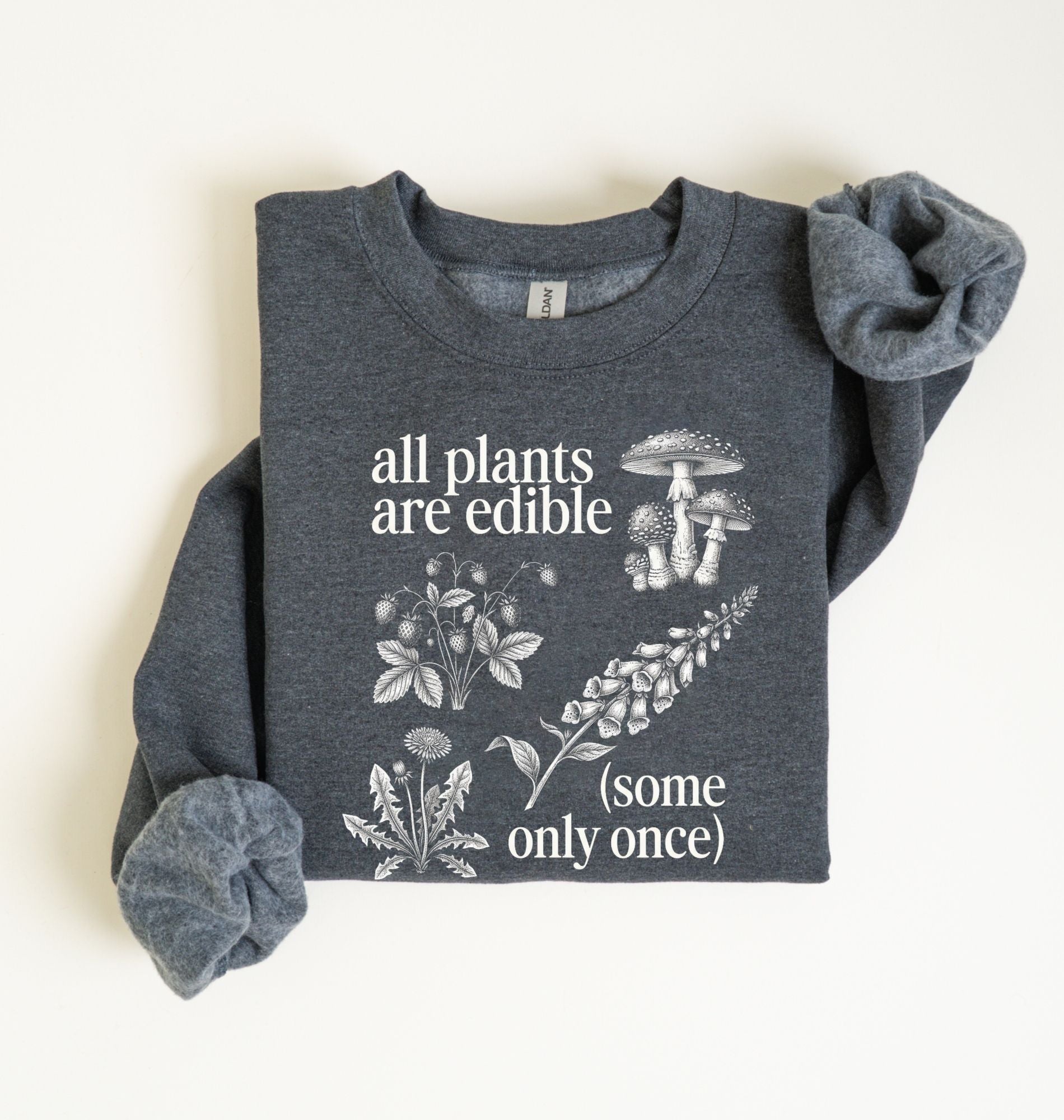 Flat lay of a black Funny plant lover sweatshirt some only once quote botanical illustration on a white background 