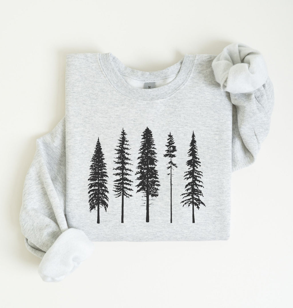 Minimalist pine trees sweatshirt with black forest tree design on ash cozy crewneck