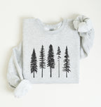 Minimalist pine trees sweatshirt with black forest tree design on ash cozy crewneck