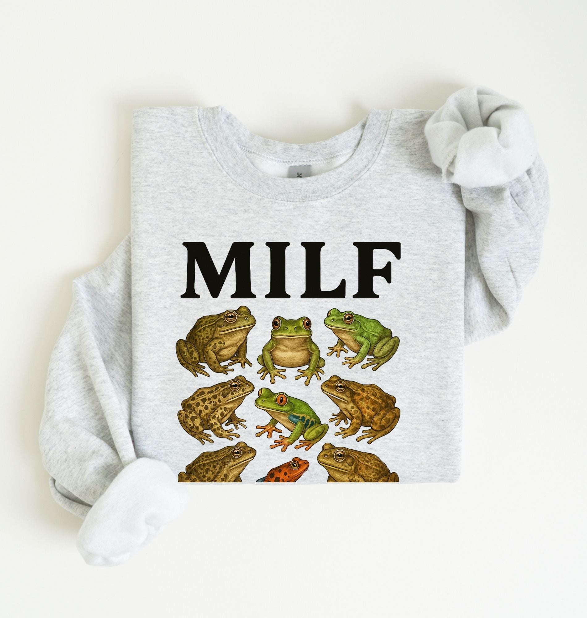 Funny MILF frog sweatshirt with vintage frog illustrations, cozy unisex pullover for frog lovers and gardener gifts