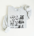 ash sweatshirt with vintage baby farm animal illustrations in black ink, cozy cottagecore farm gift