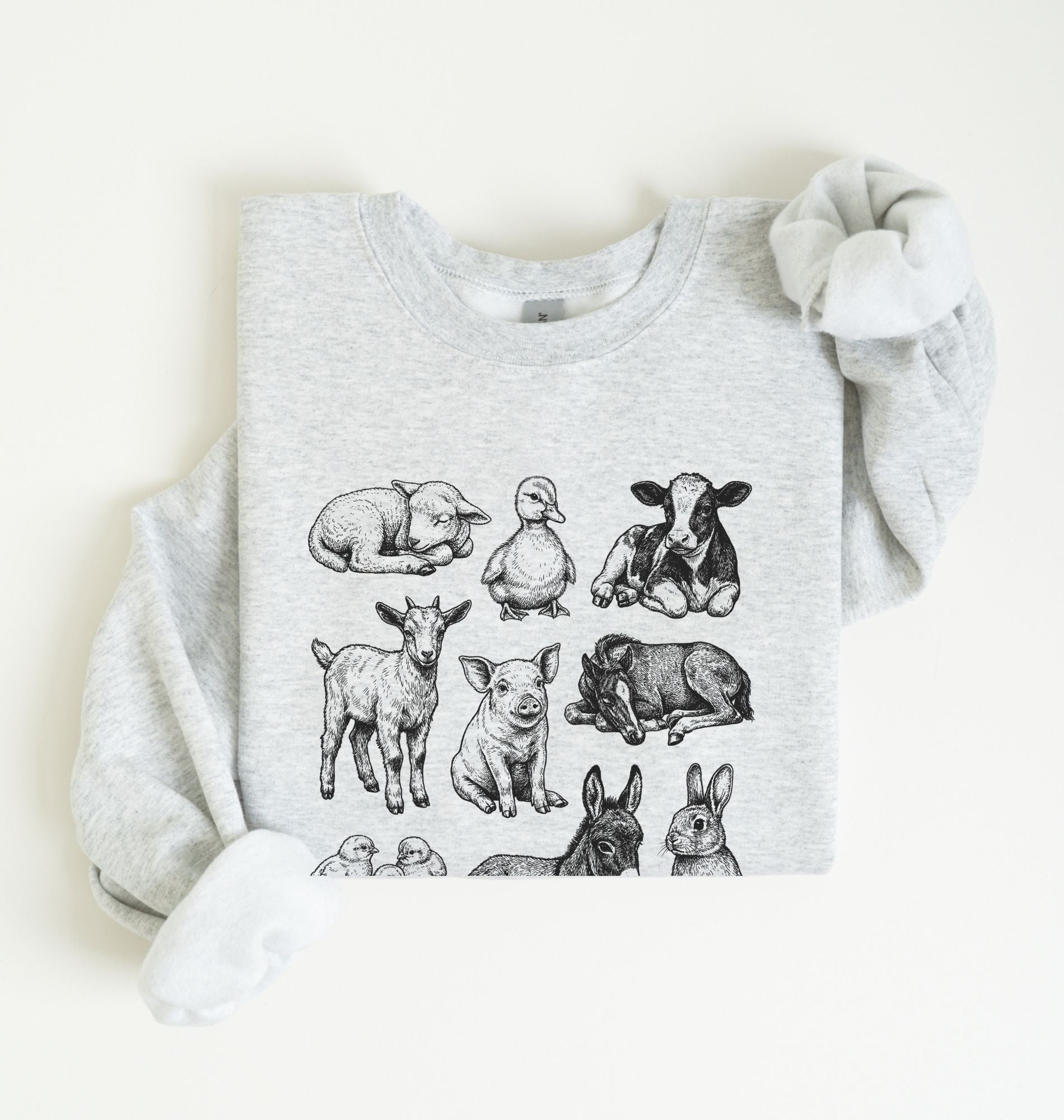 ash sweatshirt with vintage baby farm animal illustrations in black ink, cozy cottagecore farm gift