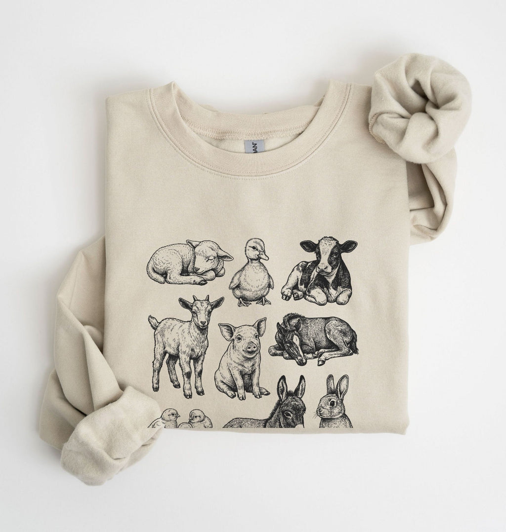 sand sweatshirt with vintage baby farm animal illustrations in black ink, cozy cottagecore farm gift