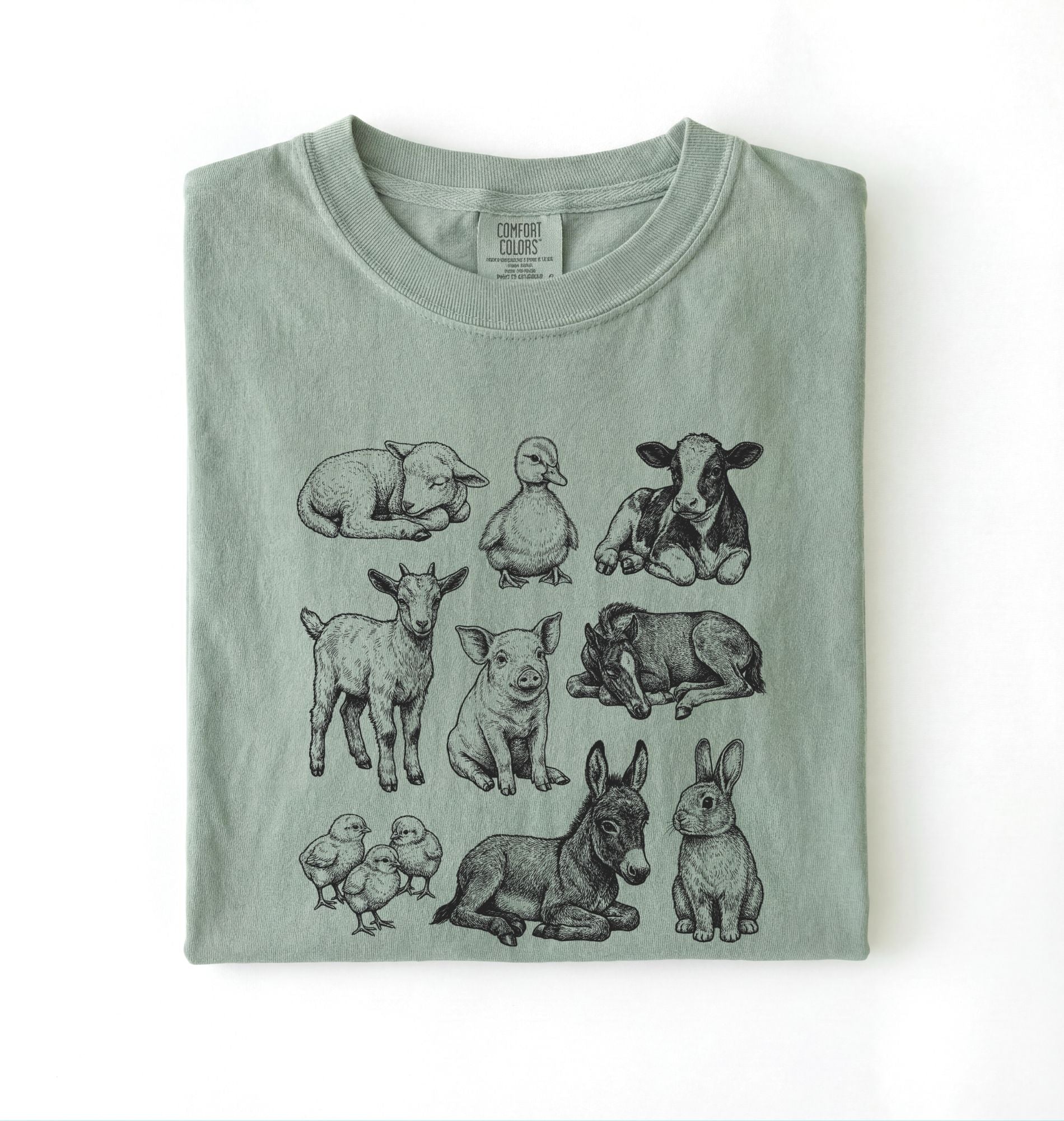 Baby farm animals t-shirt with illustrated lamb, calf, piglet, duckling, chick, donkey, goat, and bunny