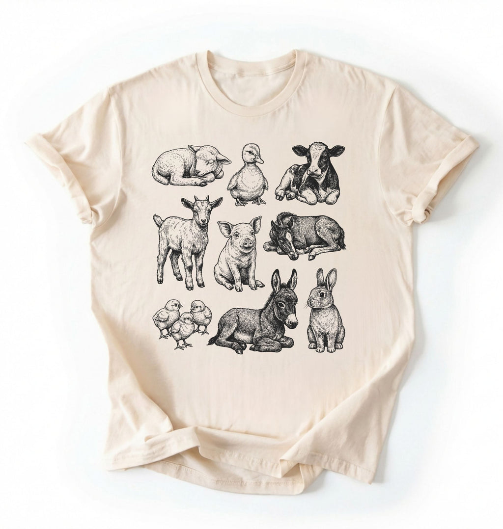 Flat lay of a Natural ivory Baby farm animals t-shirt with illustrated lamb, calf, piglet, duckling, chick, donkey, goat, and bunny on a white background