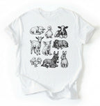 Flat lay of a white Baby farm animals t-shirt with illustrated lamb, calf, piglet, duckling, chick, donkey, goat, and bunny on a white background