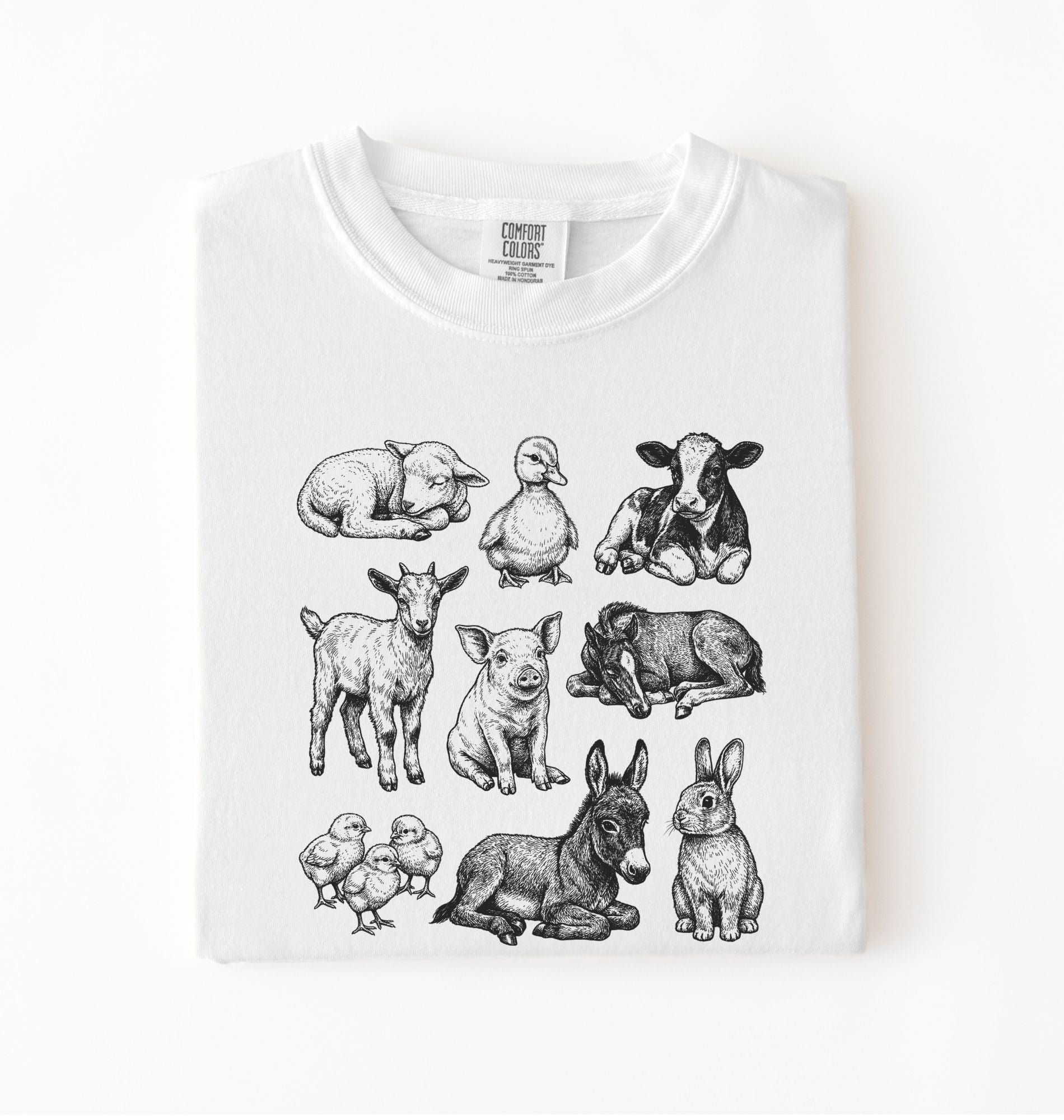 Baby farm animals t-shirt with illustrated lamb, calf, piglet, duckling, chick, donkey, goat, and bunny