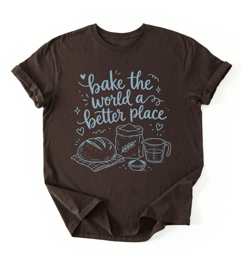 A dark brown short-sleeve t-shirt with a light blue graphic print that reads 'bake the world a better place' accompanied by illustrations of a loaf of bread, a flour sack, and a measuring cup, displayed flat against a white background.