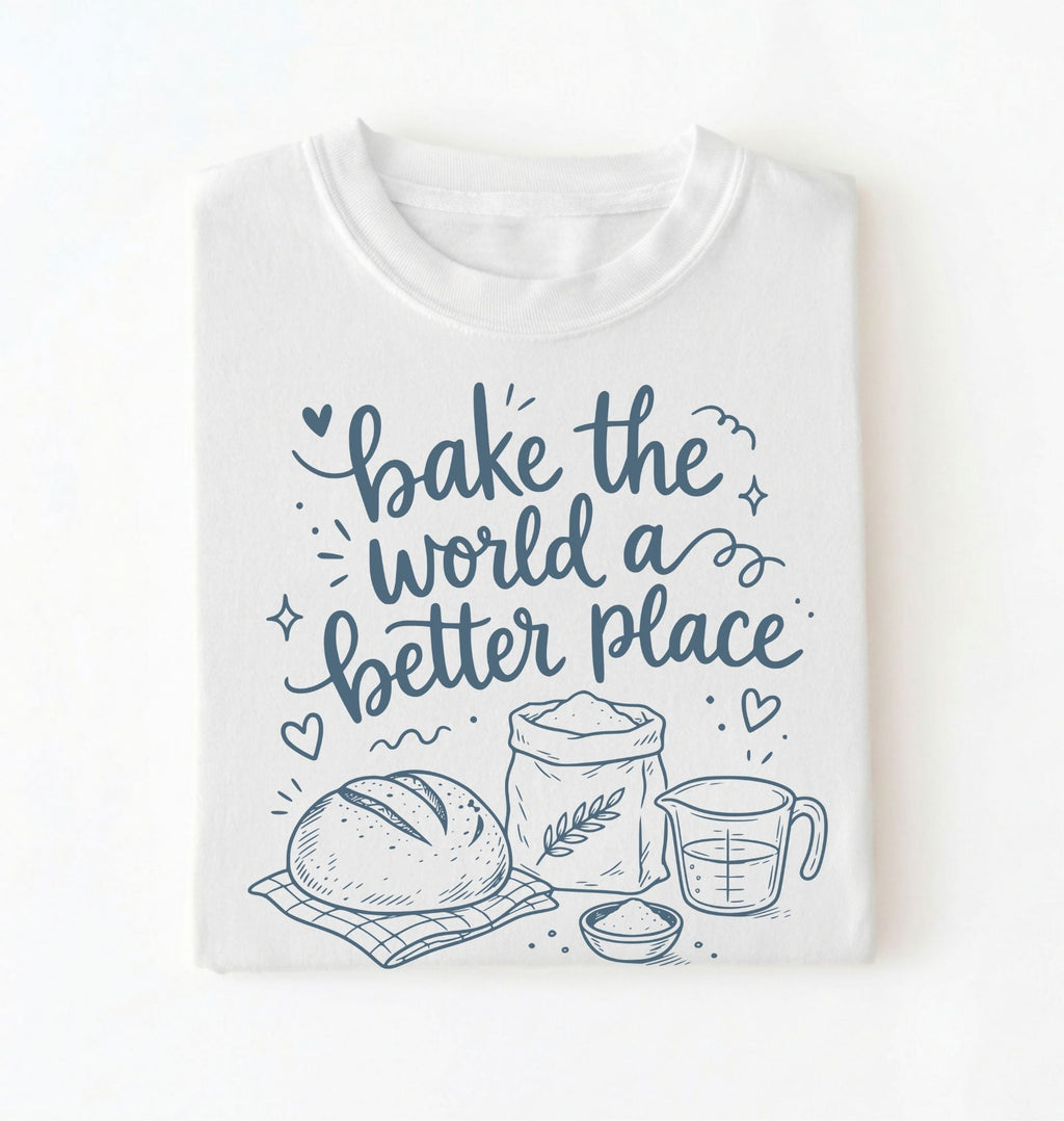 A folded white t-shirt with a navy blue graphic print that reads 'bake the world a better place' accompanied by illustrations of a loaf of bread, a bag of flour, a measuring cup, and a small bowl.