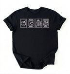 Flat lay of a black Baking Addict Sourdough Mama graphic shirt with vintage baking stamp design for bread bakers on a white background 