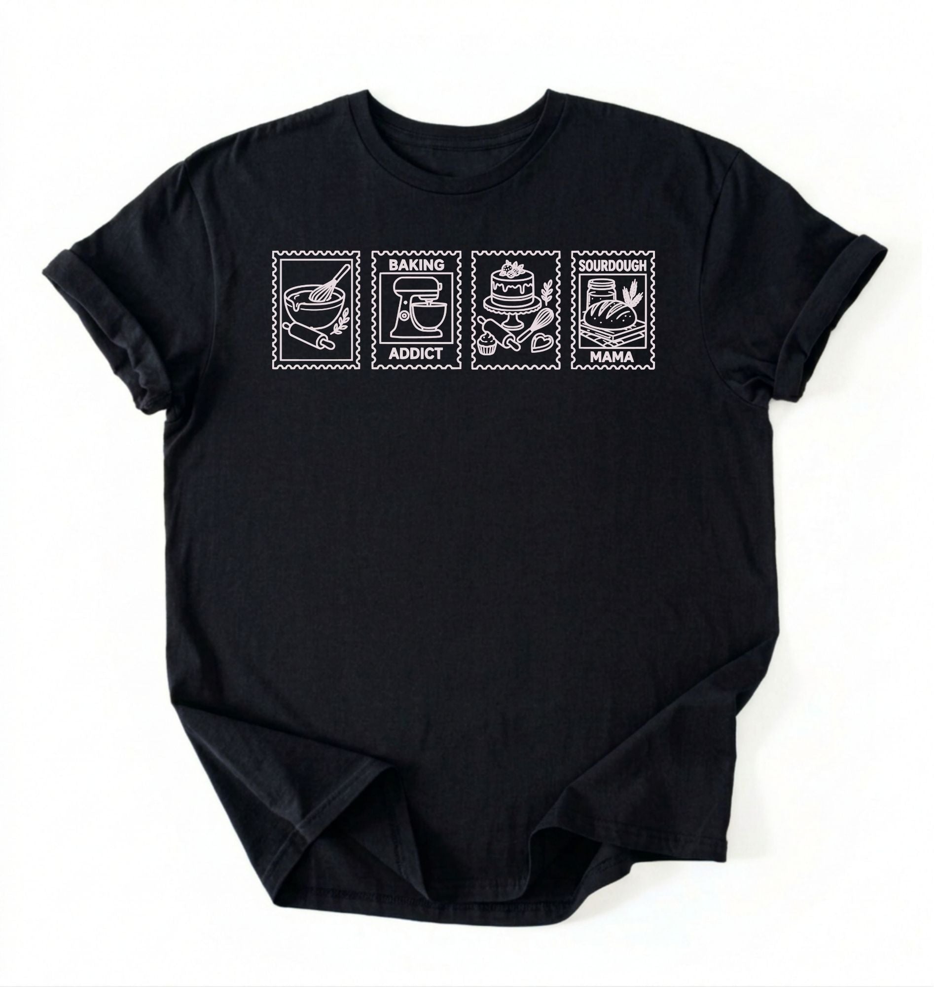 Flat lay of a black Baking Addict Sourdough Mama graphic shirt with vintage baking stamp design for bread bakers on a white background 