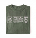 Flat lay of a green Baking Addict Sourdough Mama graphic shirt with vintage baking stamp design for bread bakers on a white background 