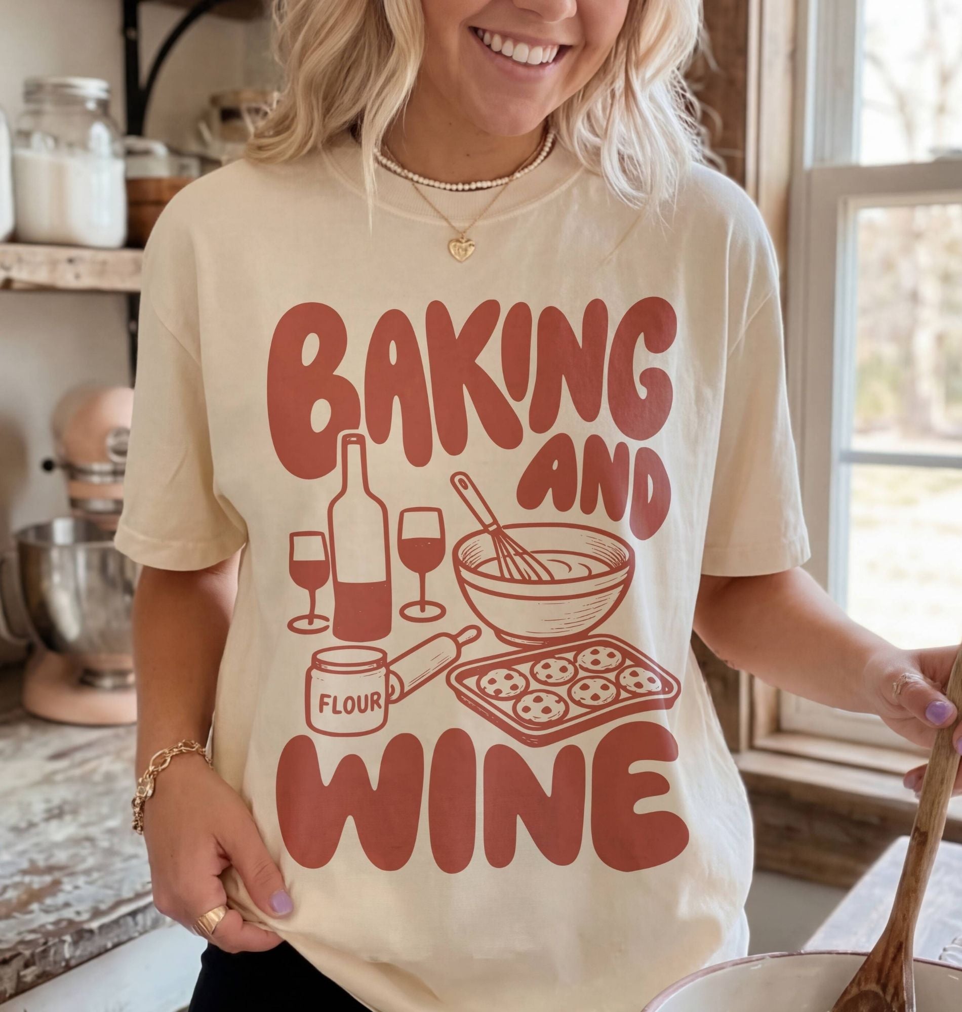 Person wearing a t-shirt with 'Baking and Wine' design in a kitchen setting
