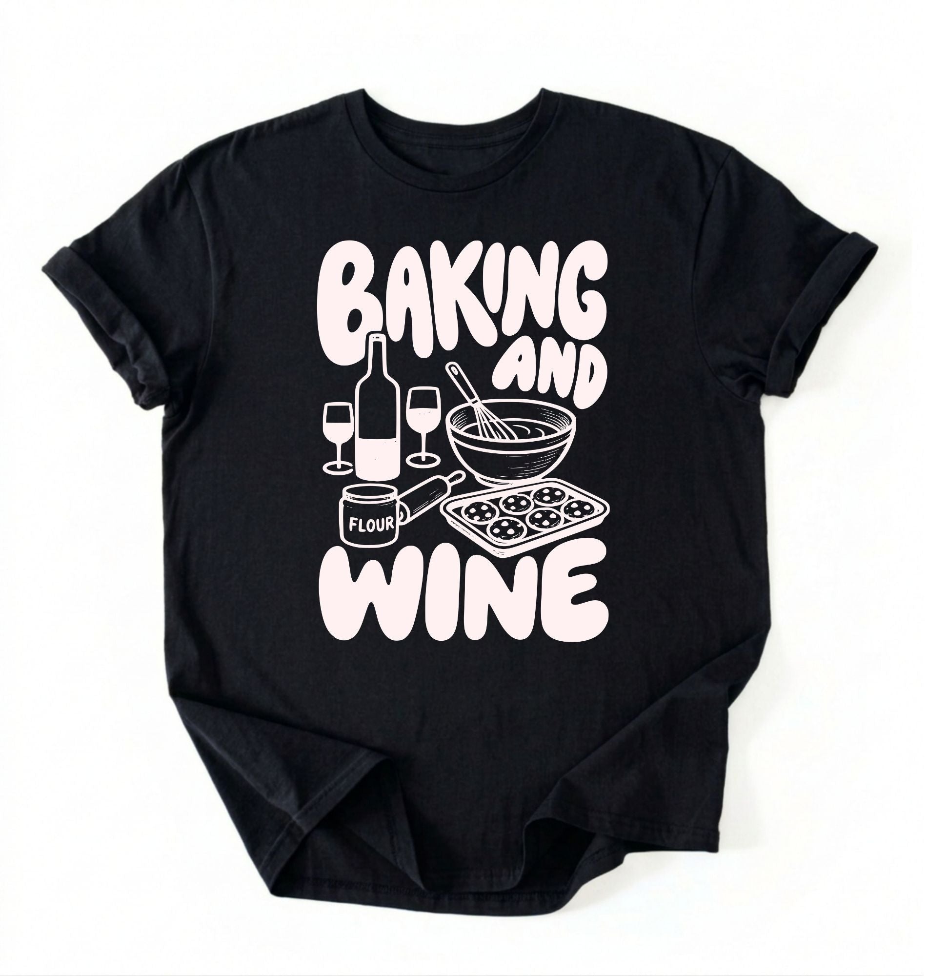 Flat lay of a black Baking and Wine graphic shirt for home bakers featuring baking tools and wine themed design on a white background