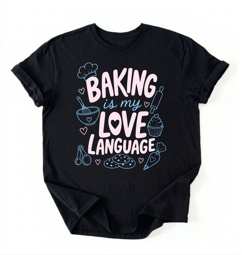 Flat lay of a Baking Is My Love Language shirt with baking tools and dessert graphics on black t-shirt on a white background