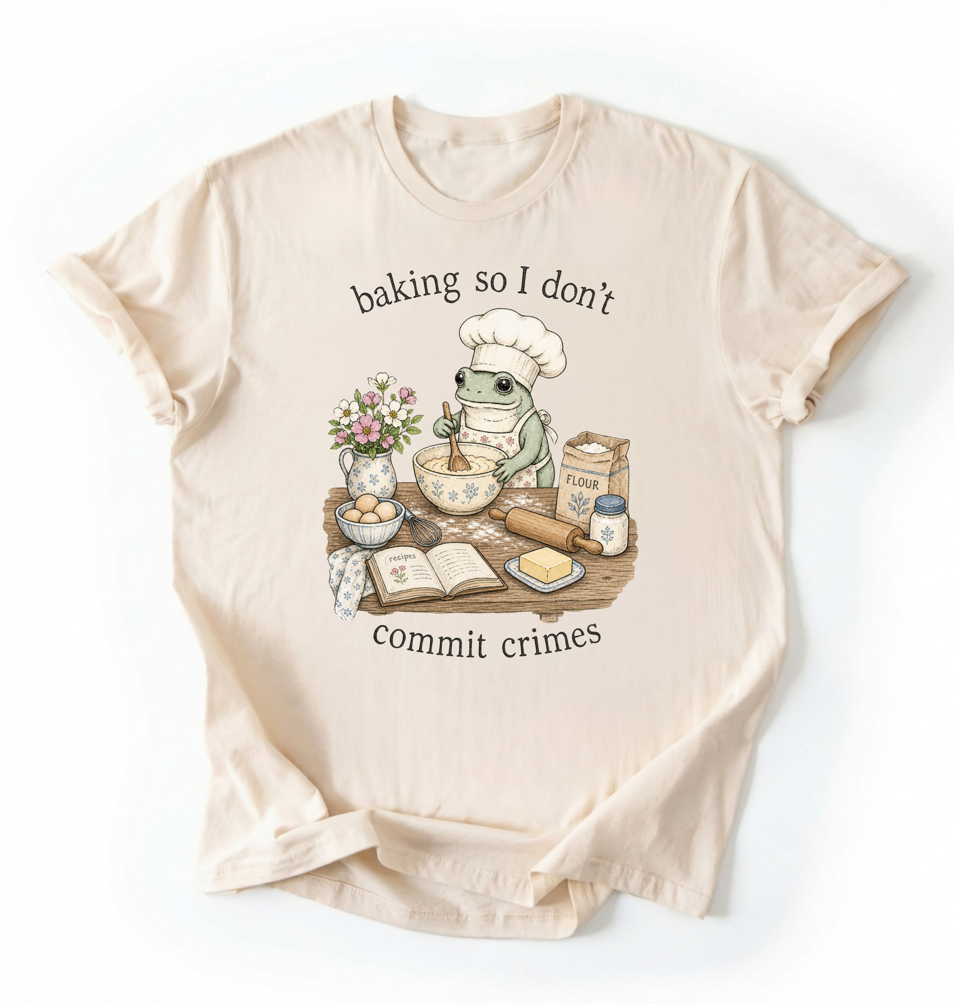 Flat lay of an ivory Funny Baking So I Don't Commit Crimes shirt with baker frog and baking supplies graphic on a white background 