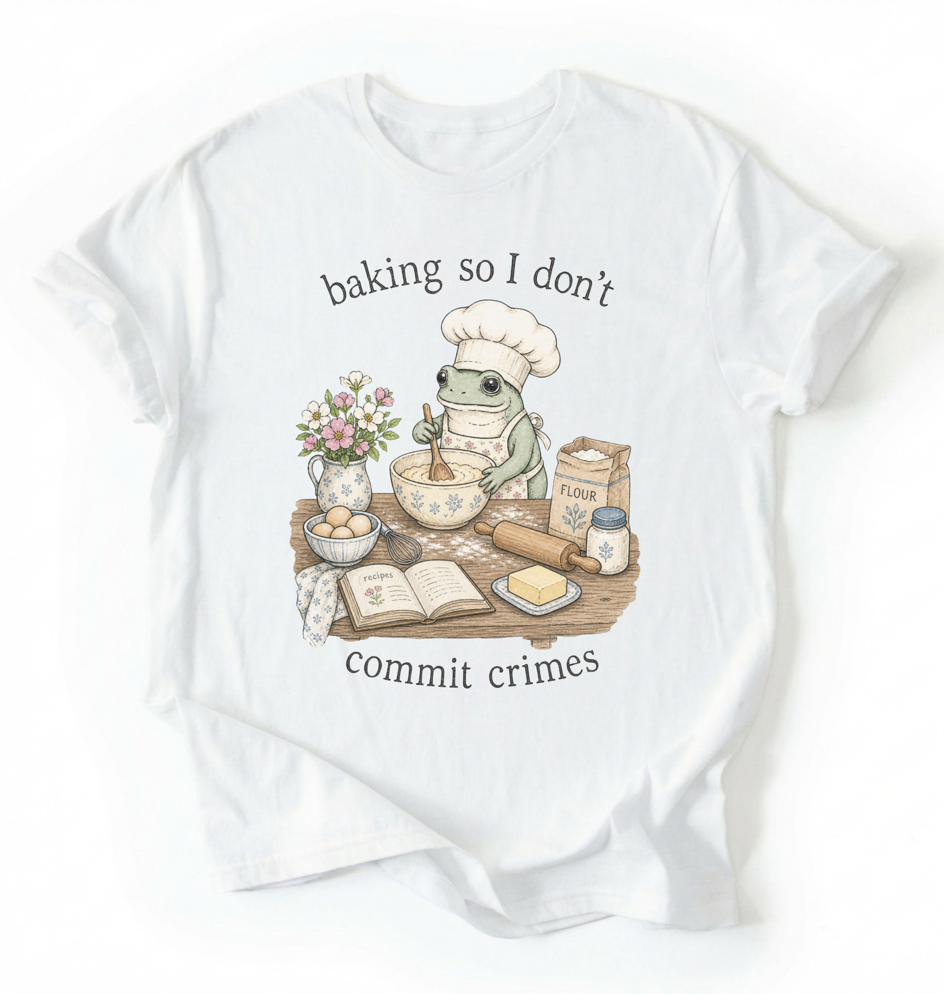 A white short-sleeve t-shirt with a graphic of a green frog wearing a chef's hat and apron, mixing batter at a baking table with ingredients like flour, eggs, and butter. The text reads 'baking so I don't commit crimes'.