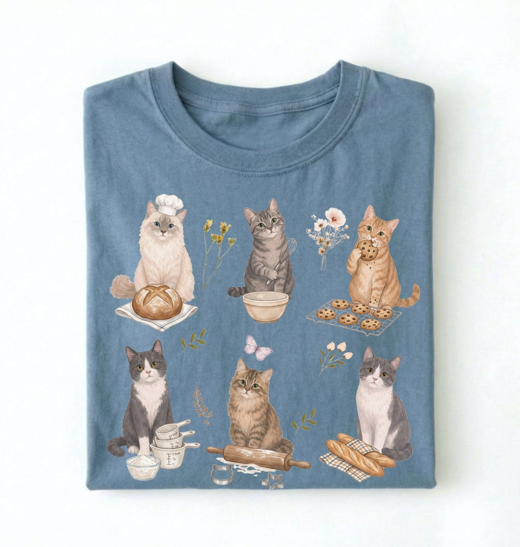 Folded blue t-shirt with cat illustrations on a white background