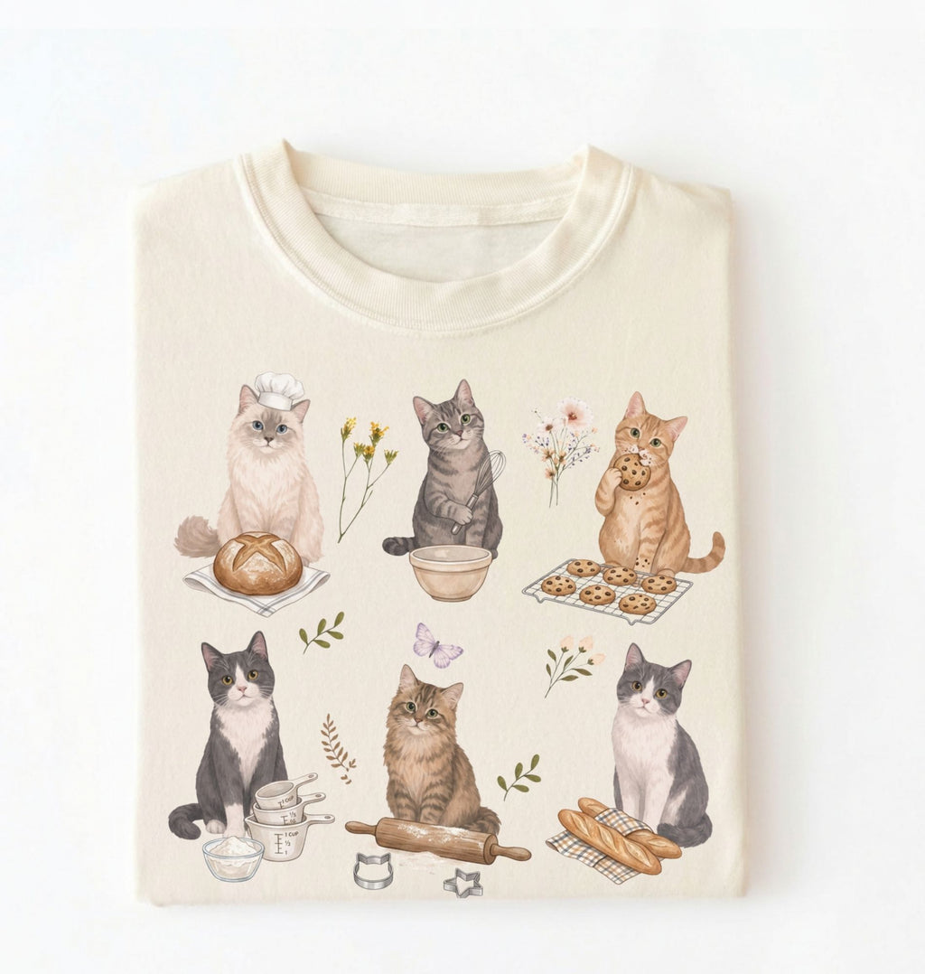 Beige/natural color shirt with cat illustrations on a white background