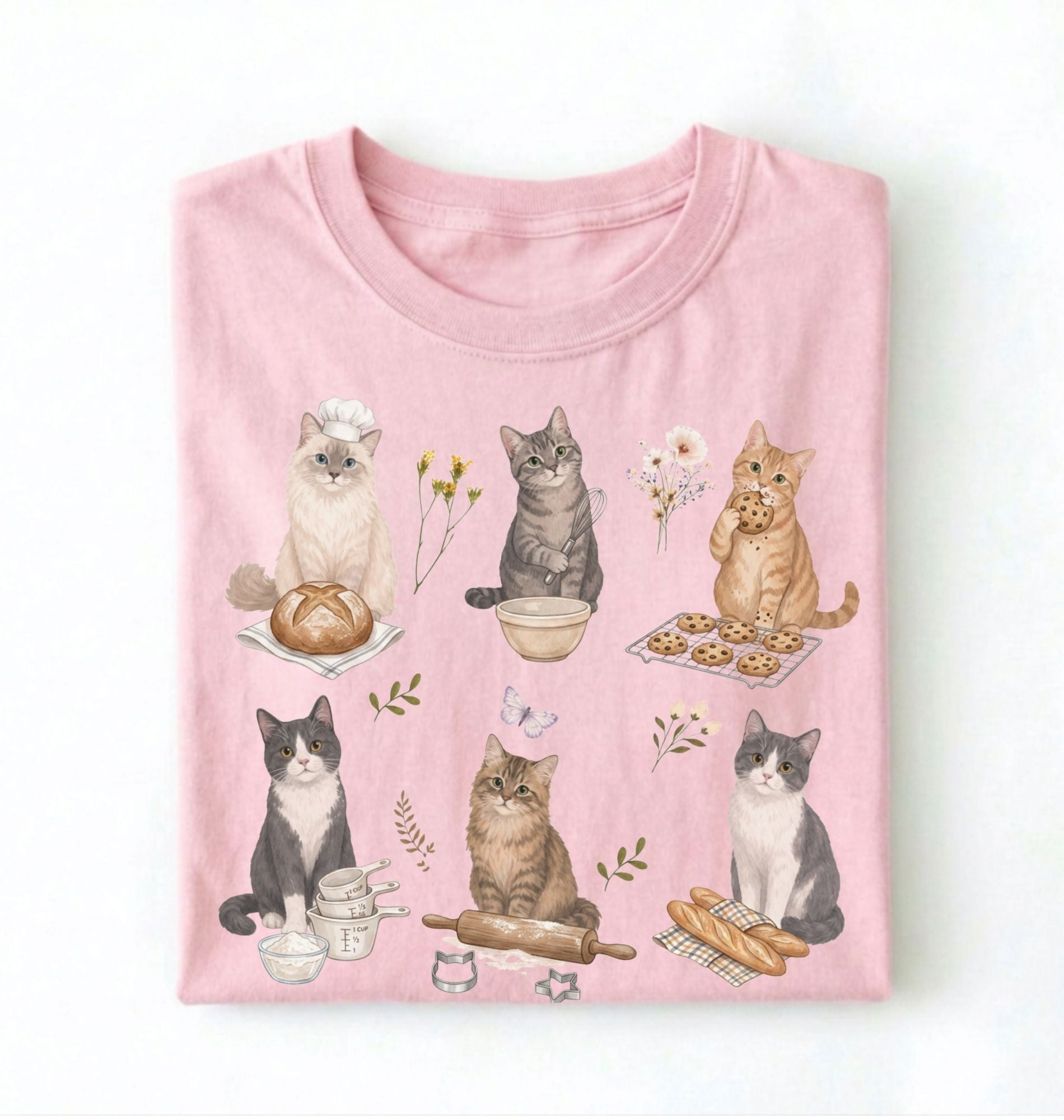 Pink t-shirt with cat illustrations on a white background