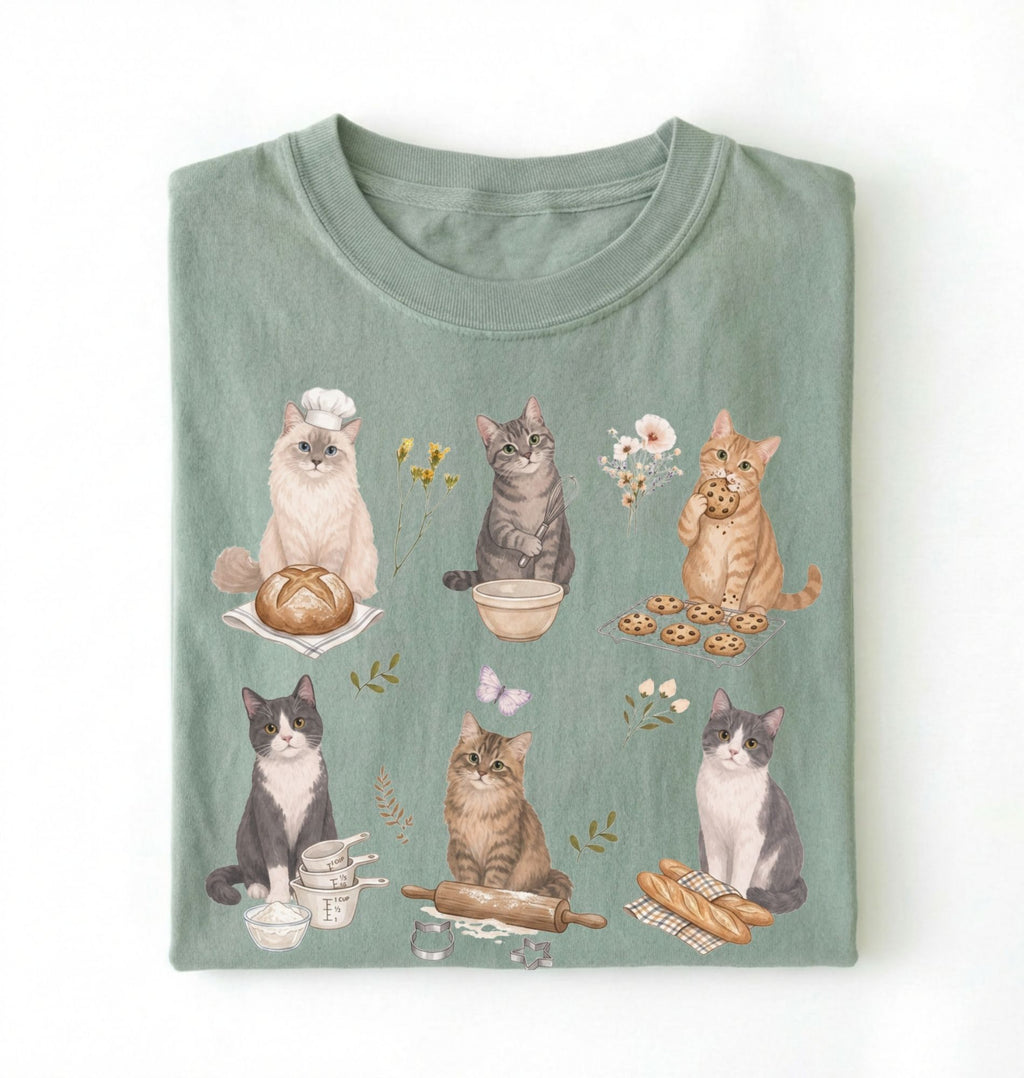 Green t-shirt with cat illustrations on a white background