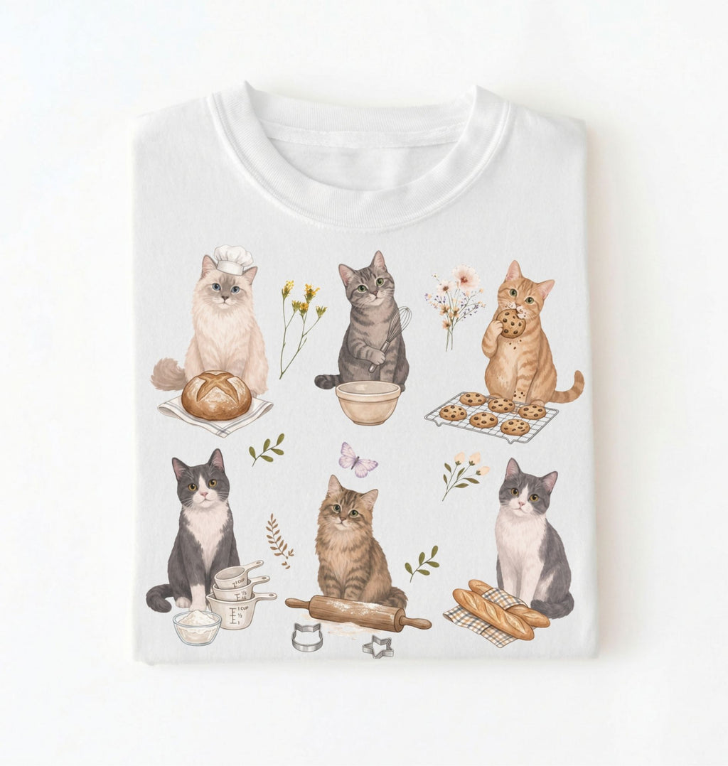 White t-shirt with cat illustrations and baking items on a white background
