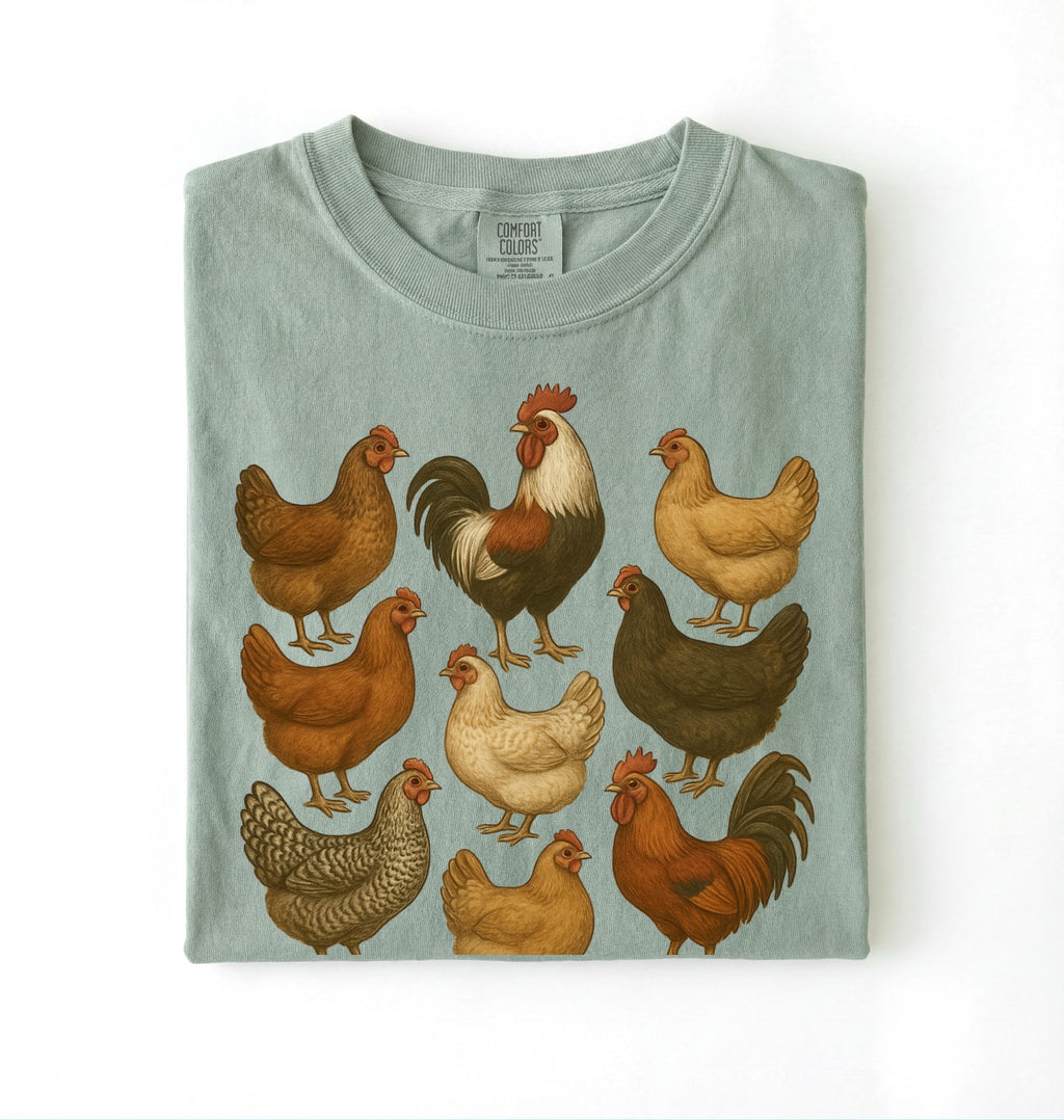 Vintage chicken breeds illustration shirt featuring colorful hens and roosters, perfect gift for chicken lovers and gardeners